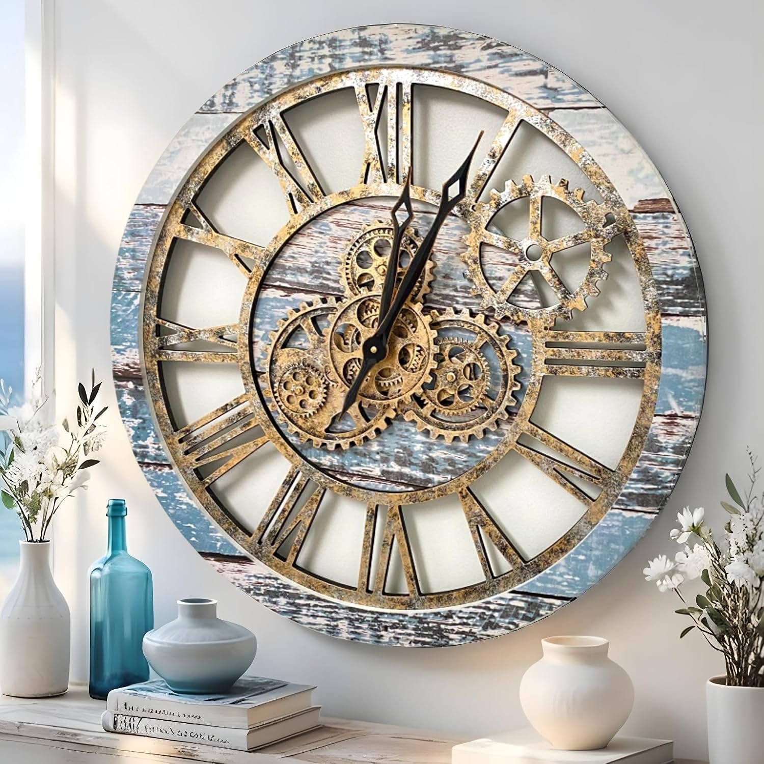 ImprovingLife The Gears Clock The Original Real Moving Gear Wall Clock Vintage Industrial Oversized Rustic Farmhouse (24 inch (60cm), Vintage Aqua Green and Bronze)