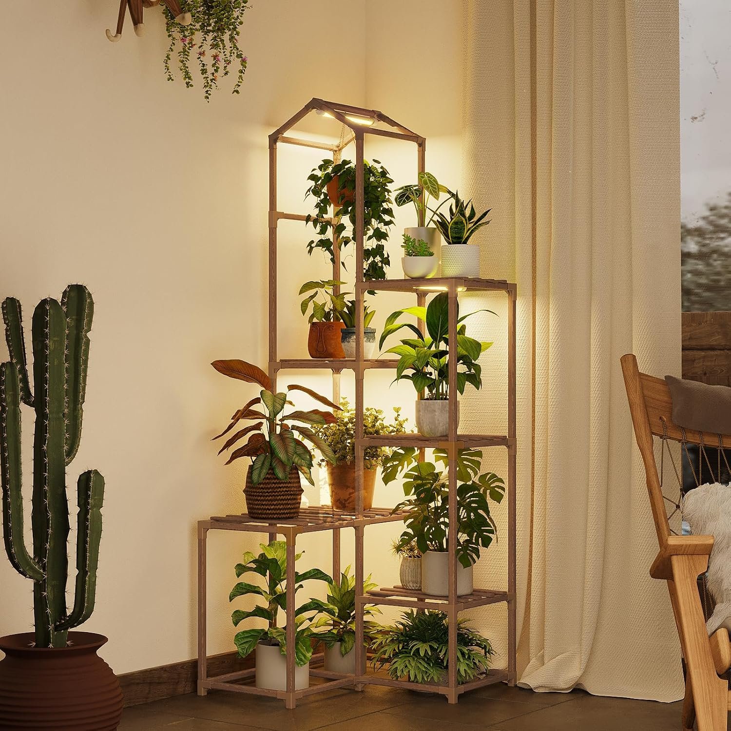 Bamworld Tall Corner Plant Stands with Grow Lights Indoor Outdoor Plant Shelves for Multiple Plants Display Haning Planter Living Room Pation Garden Decor