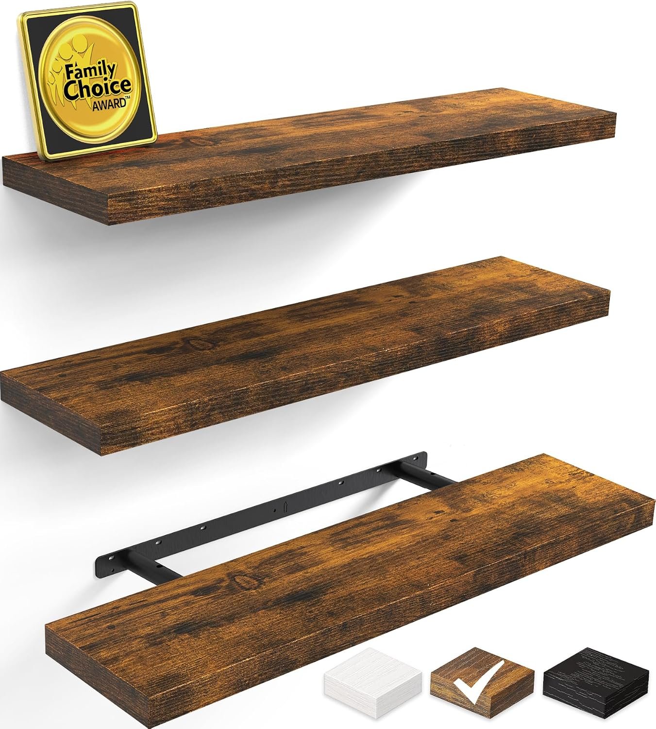 BAYKA Rustic Brown Floating Shelves 35.4in, Set of 3, Wall Mount Wood Shelf