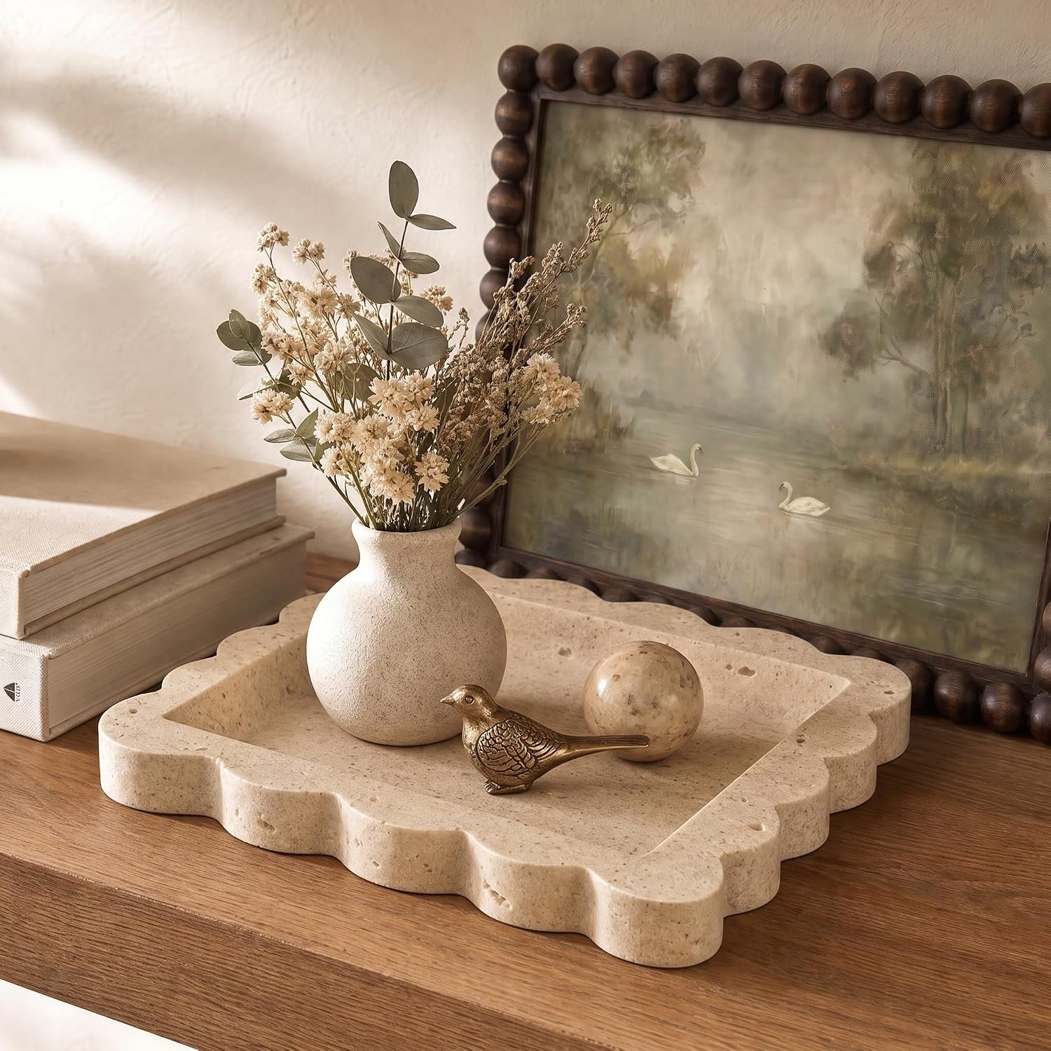 Decorative Scalloped Tray – Travertine Stone Inspired Jewelry Tray