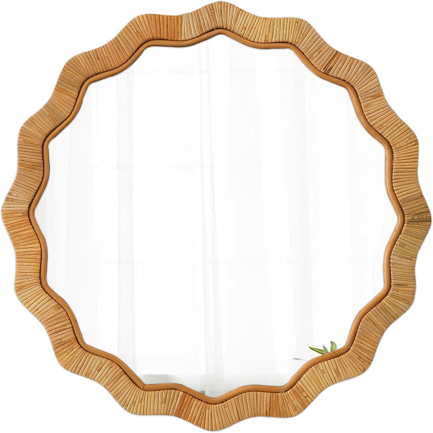 Handmade Boho Scalloped Rattan Round Mirror 24 Inches
