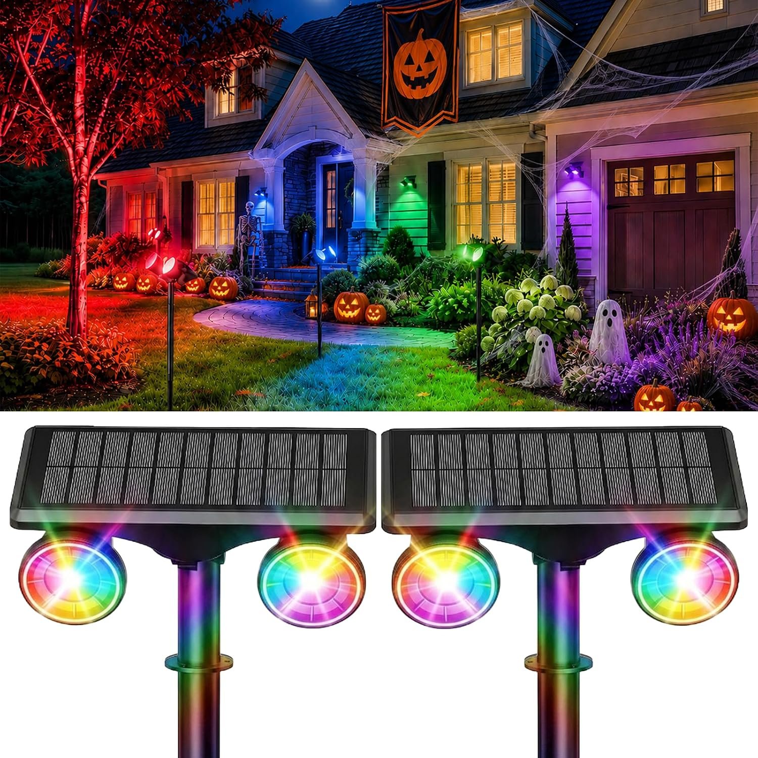 Dual Head Solar Spot Lights Outdoor Waterproof, 9 Modes RGB Color Changing Solar Tree Spotlight, IP68 Landscape Lighting Solar Uplights for Garden Yard Halloween Christmas Decorations(2pack)