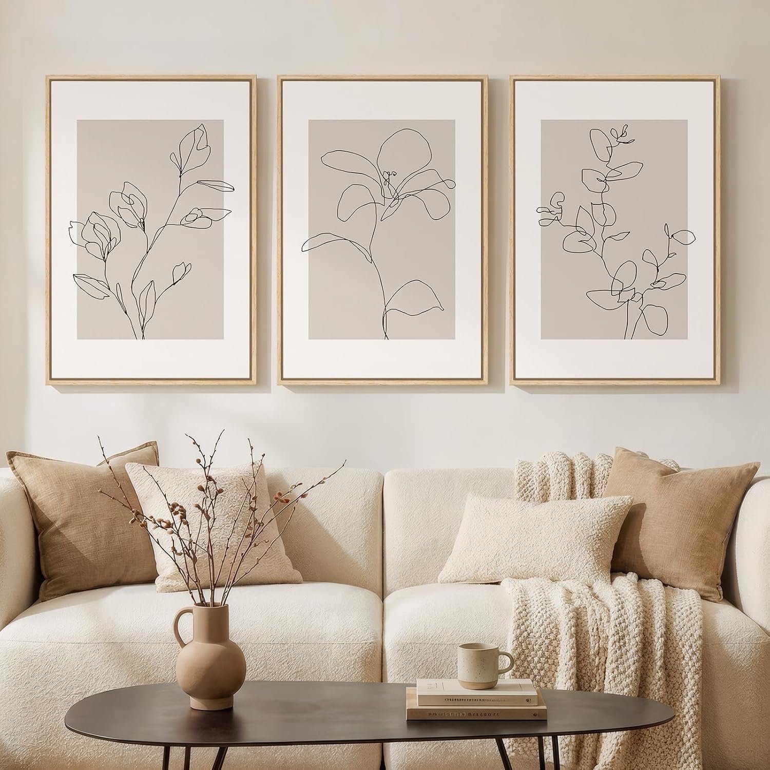 Framed Neutral Minimalist Floral Wall Art for Living Room, 3 Piece 16×24 In