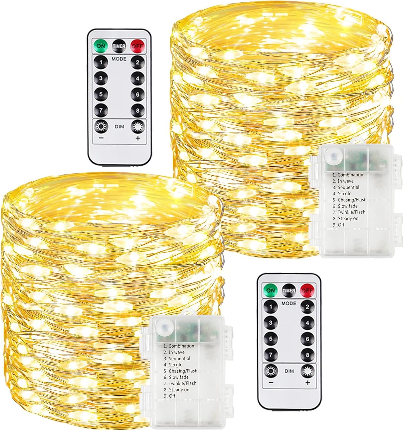 2 Pack 200 LED Fairy Lights Battery Operated with Remote, 66 FT Warm White