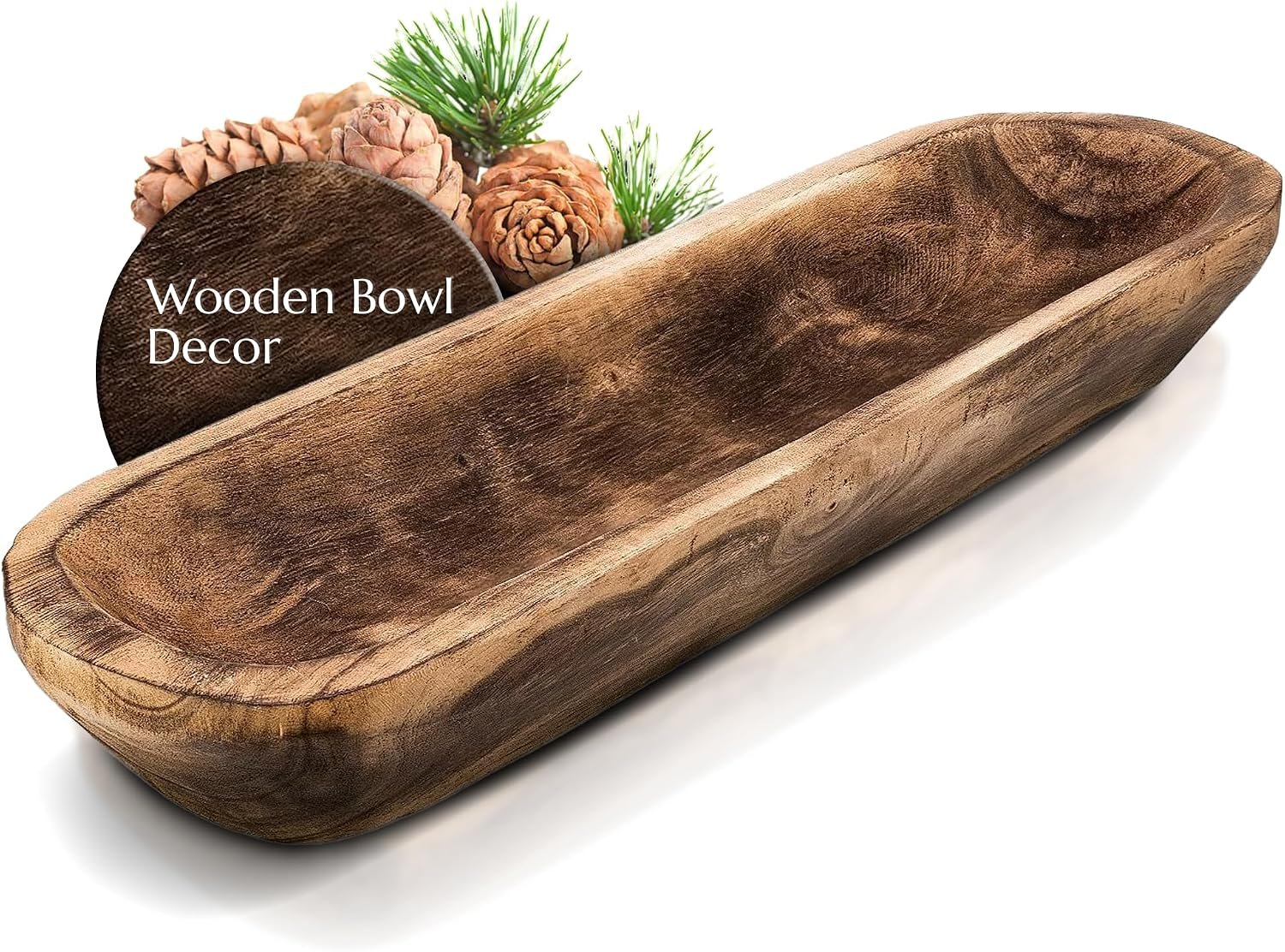 FANDOS Wooden Dough Bowl for Decor – 17¾ in Long Hand Carved Paulownia, Large Rustic Decorative Bowl for Home Table Centerpiece, Keys, Entryway Table, Catchall Tray & Wooden Dining Room Centerpiece