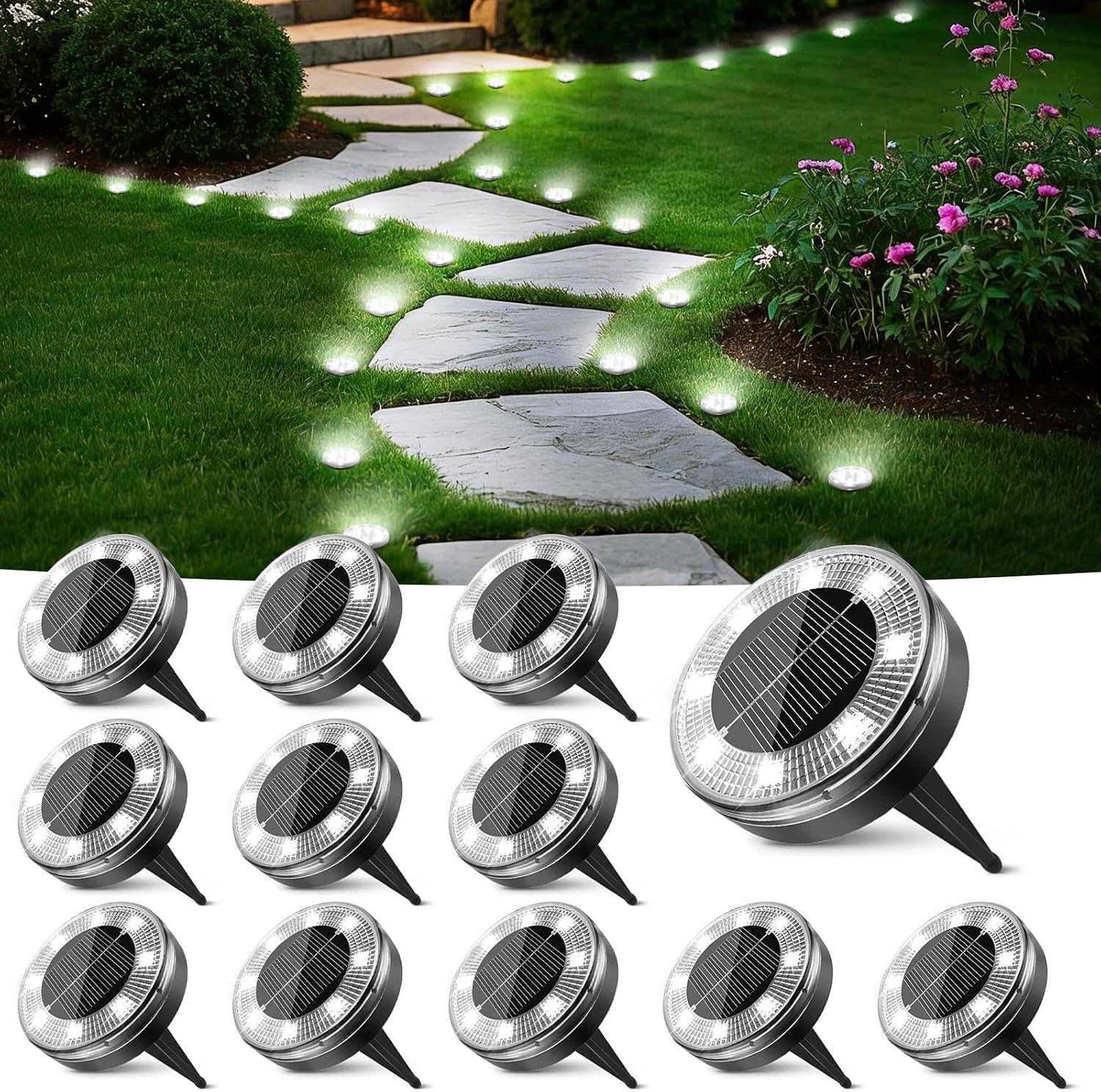 Peasur Mini Solar Ground Lights, 12 Pack Flat Solar Disc Lights Outdoor Waterproof, 2.3 Inch Small Solar Garden Lights Landscape Lighting for Outside Pathway Garden Yard Lawn Walkway,Cool White