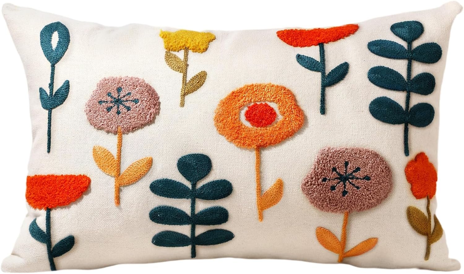 Embroidered Throw Pillow Cover, 20×12 Inch, Botanical
