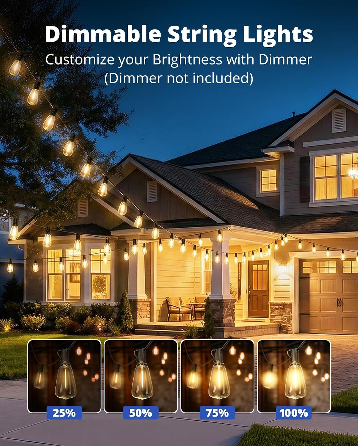VIPAR Outdoor String Lights,100FT LED Patio Lights Waterproof 52 ST38 Bulbs