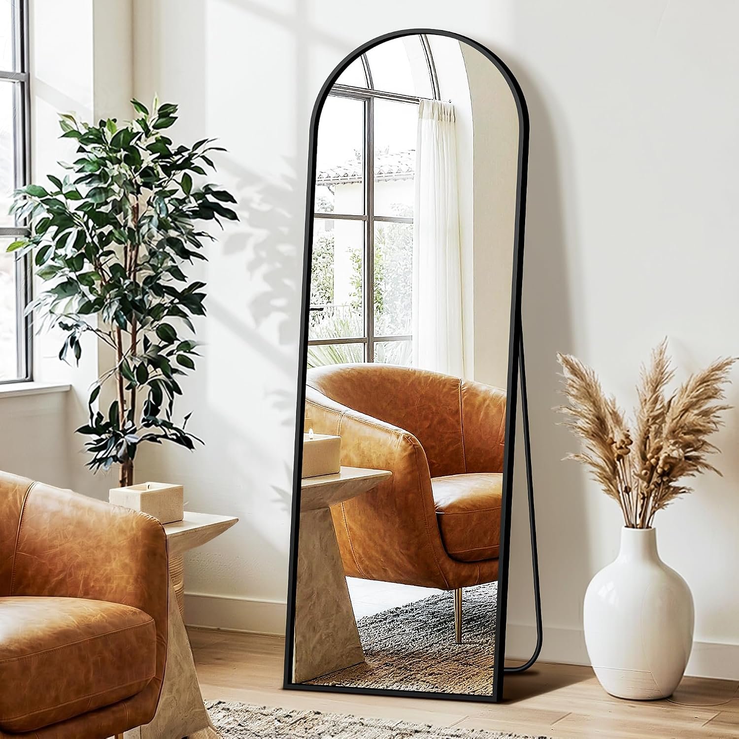 Arched Full Length Mirror with Stand, 56″x15″ Full Body Floor Mirror, Black