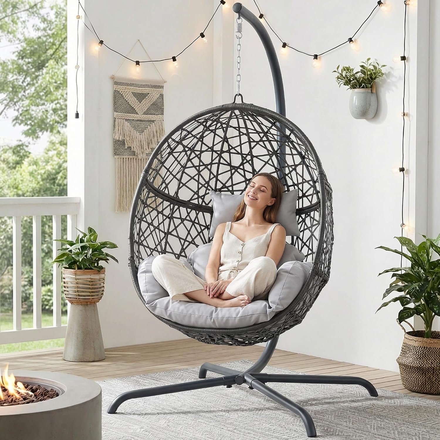 BULEXYARD Hanging Egg Chair with Stand, 350lbs Capacity, Light Grey