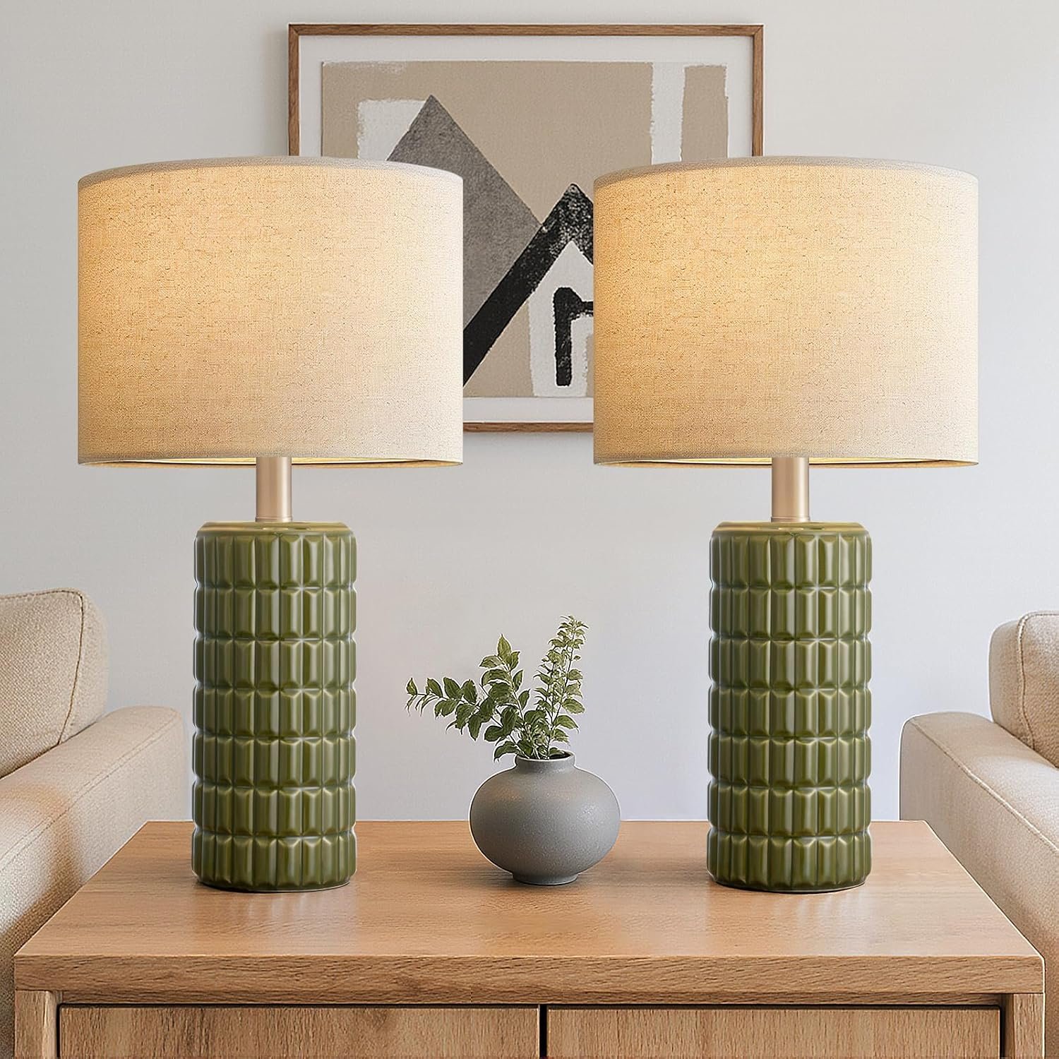 Seealle 23″ Modern Ceramic Table Lamps Set of 2, Lamps for Bedroom, Green