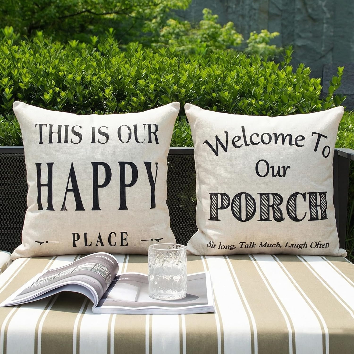 JOJOGOGO Welcome to Our Porch Outdoor Pillow Covers Waterproof 18×18 Set of 2, Decorative Farmhouse Outdoor Throw Pillows 18 x 18, Back Porch Decor Patio Furniture Pillows (This is Our Happy Place)