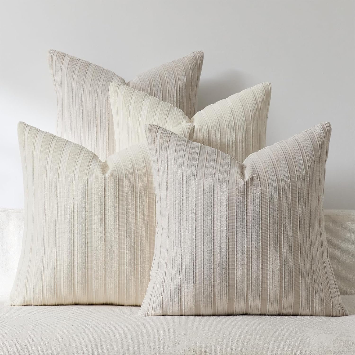 DEZENE Set of 4 18×18 Cream Beige Throw Pillow Covers Soft Striped Corduroy Neutral Square Decorative Pillow Cases for Couch Sofa Bedroom Living Room Home Decor