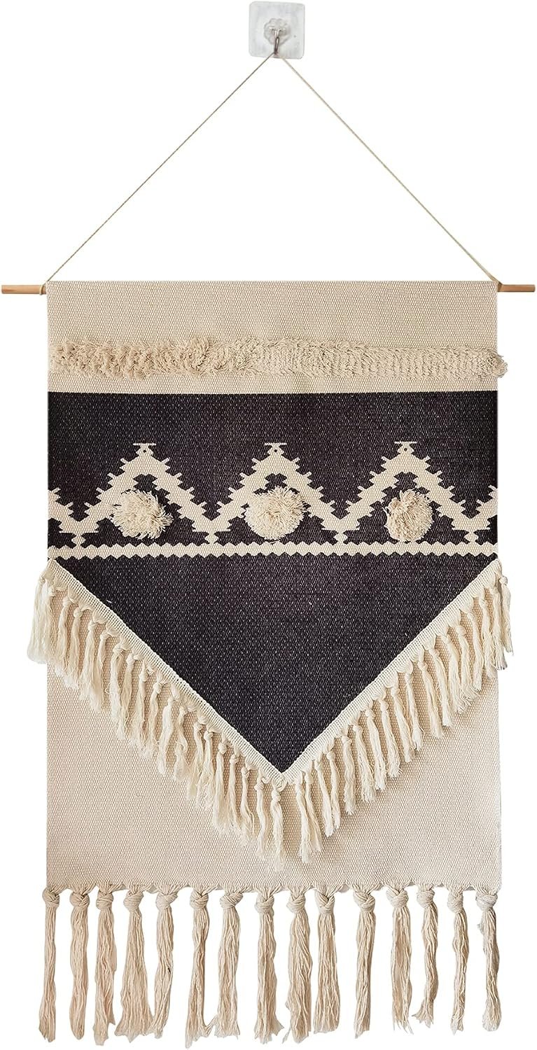 Macrame Woven Wall Tapestry Hanging Art, 20″ W x 34″ H Extra Large Boho Chic Bohemian Morocco Geometric Tapestries Decor for Apartment Dorm Kids Living Room Bedroom Door Entrance (Black Triangle-004)