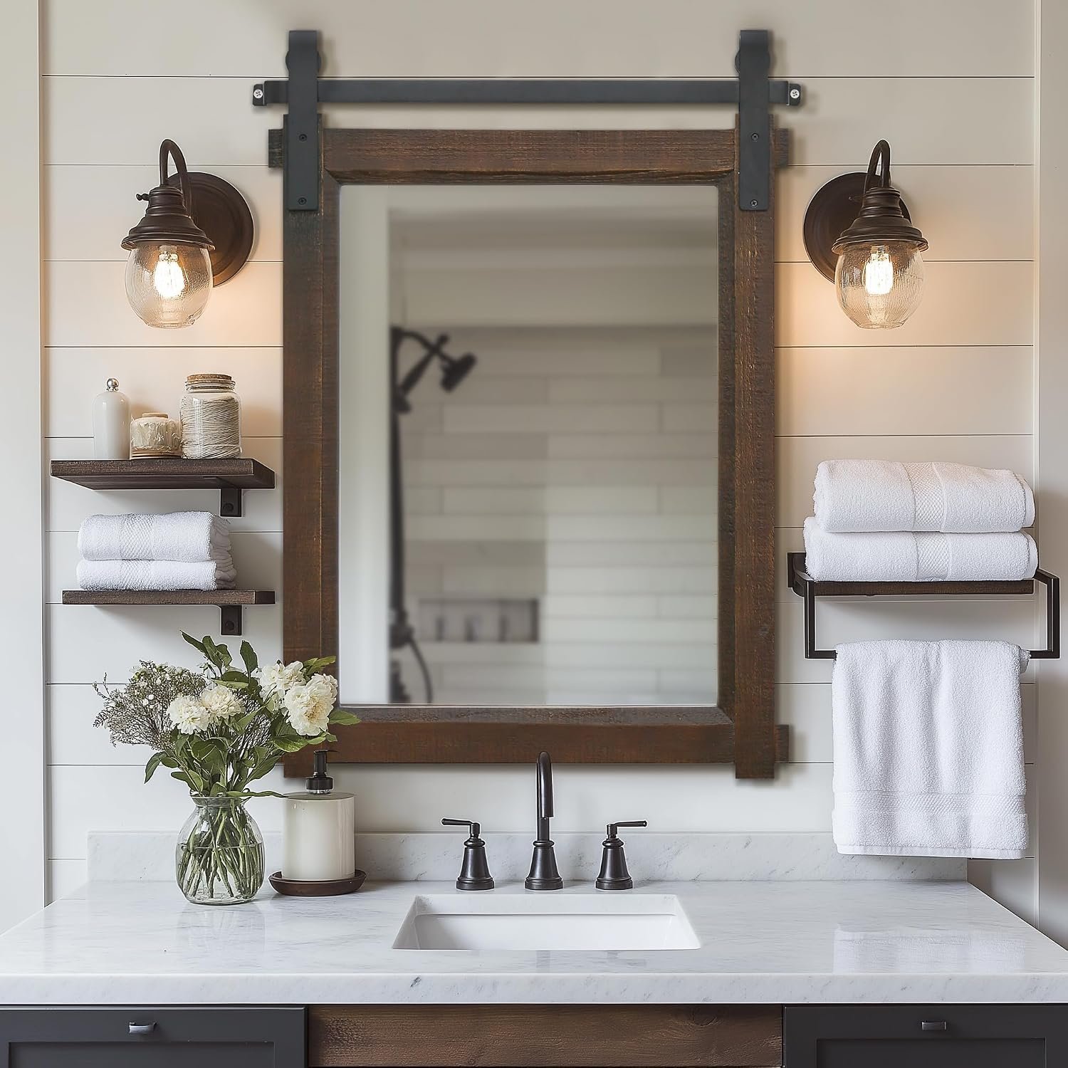 Besdomus Rustic Bathroom Vanity Mirror: 22″x30″ Brown Farmhouse Barn Door