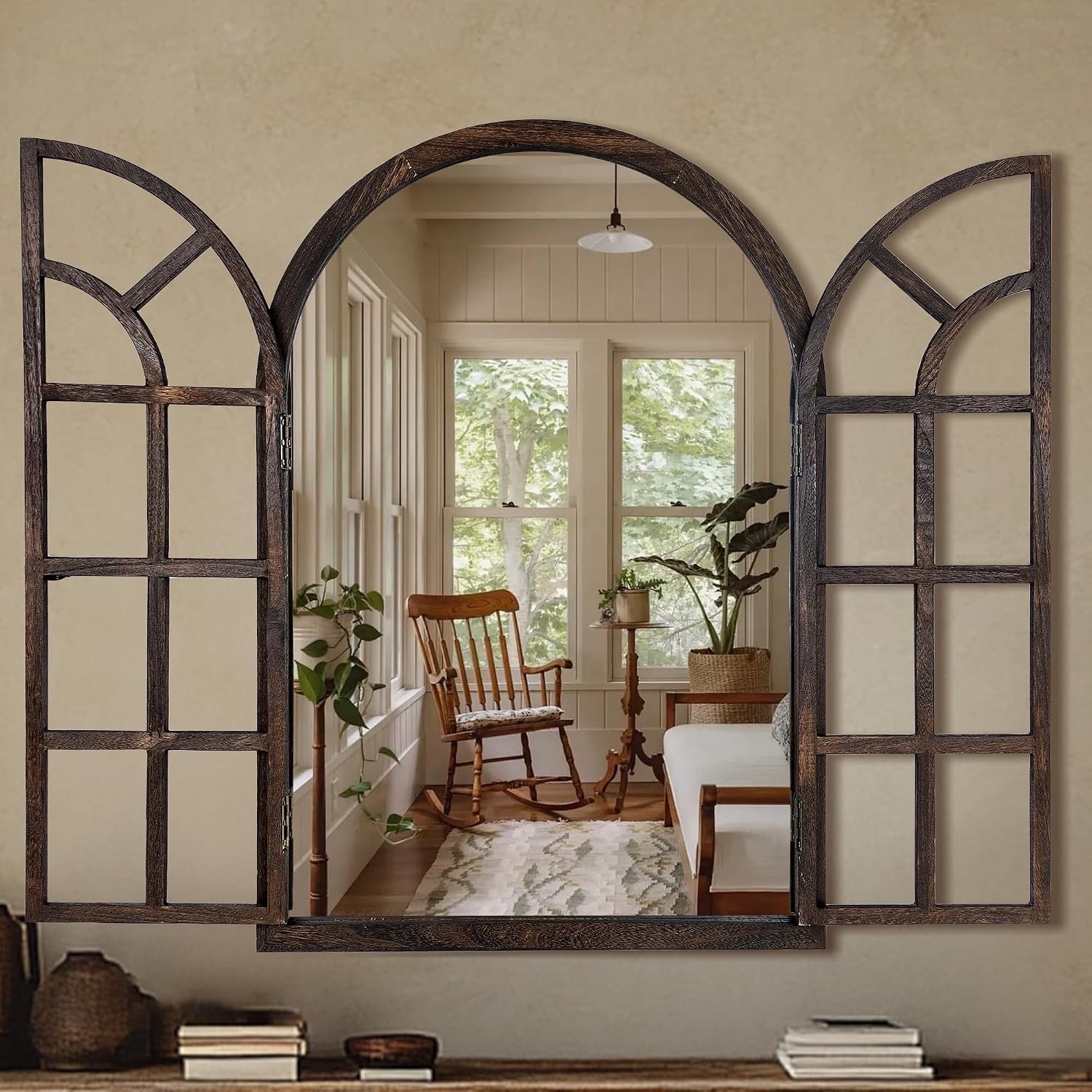 AMOISE Arched Wall Mirror with Wood Window Pane Frame, 24 x 36 Inch, Brown