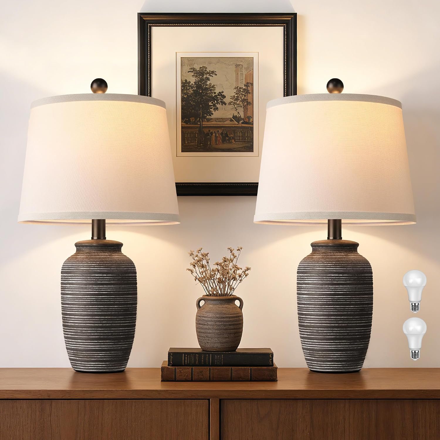 Bedside Lamps Set of 2 with Linen Lampshade，Ceramic Table Lamp for Bedroom
