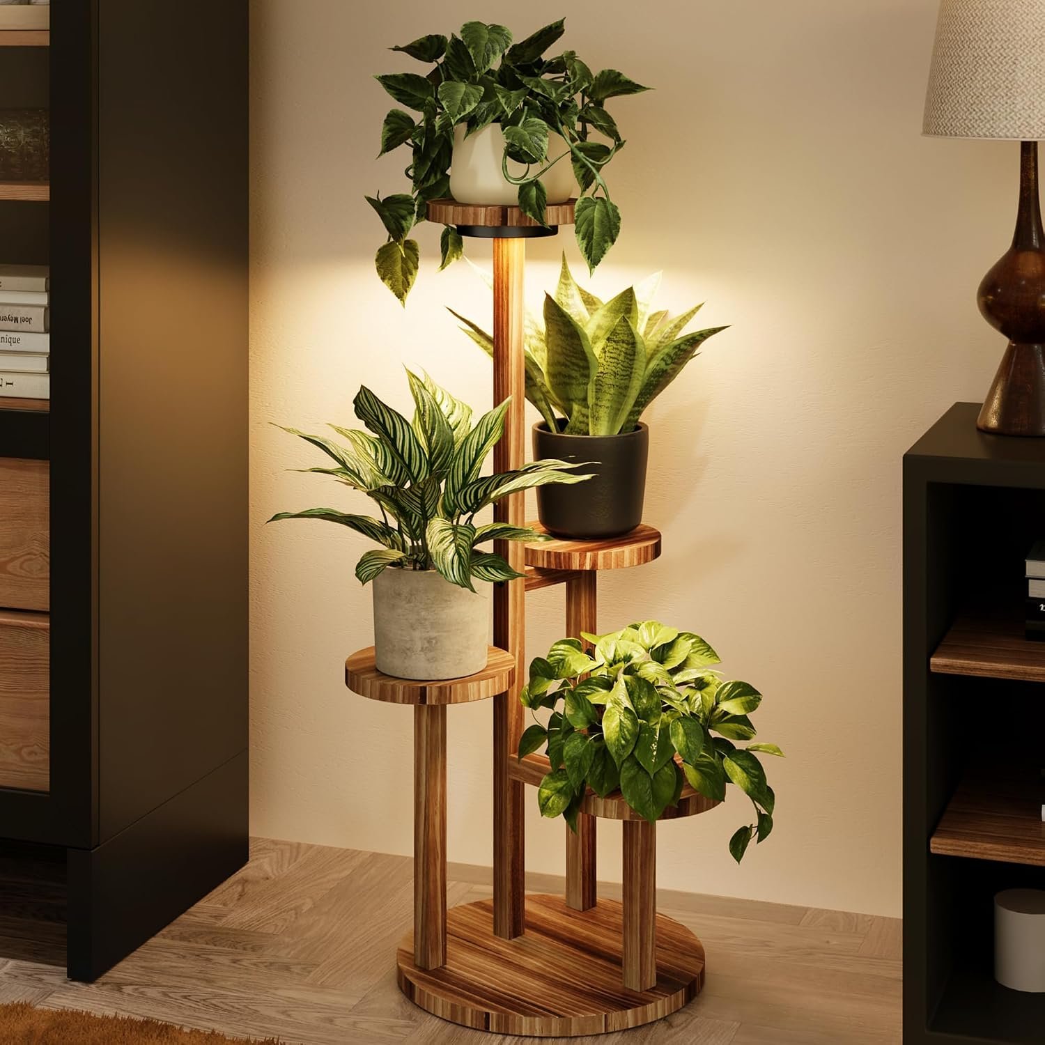 Bamworld Plant Stand Indoor with Grow Lights Plant Shelf 4 Tier Wood