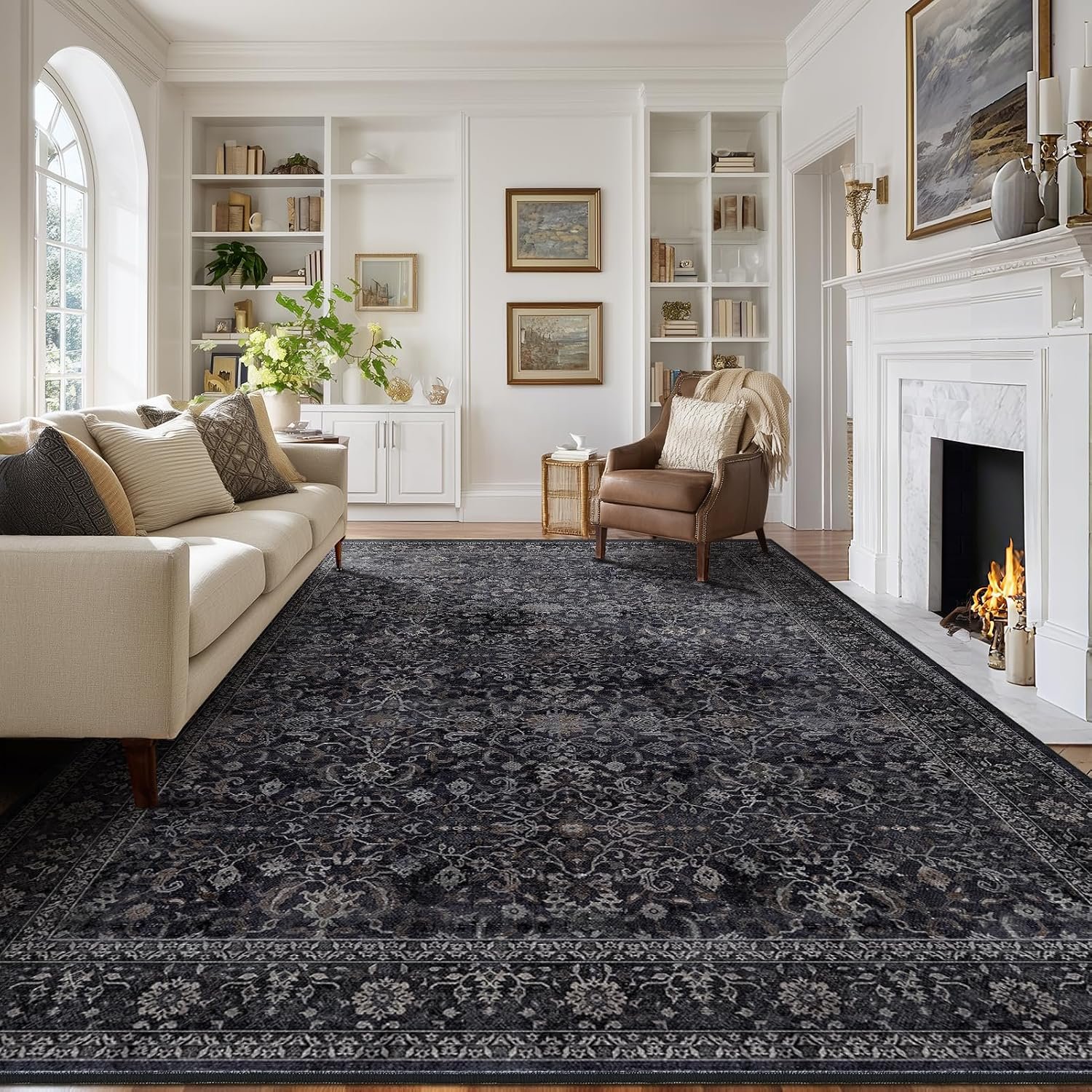 Vintage Dark 8×10 Area Rugs for Living Room, Retro Earth Tone Carpet Rug for Bedroom Dining Room, Low Pile Thin Washable Non Slip Room Carpet Rug for Home Office Guest Room Family Room