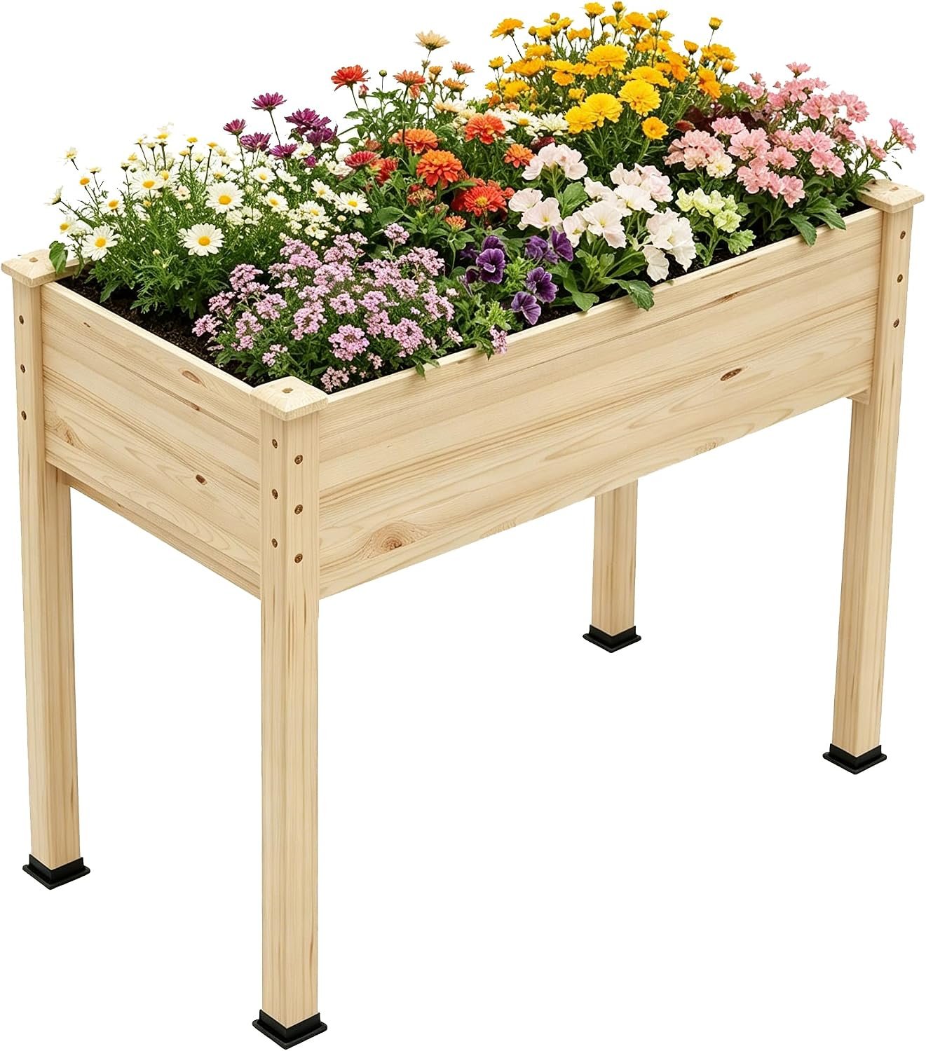 Raised Garden Bed with Legs, 34x18x30in Tall Wooden Elevated Planter Box with Liner for Flowers Vegetables Herbs, Outdoor Reinforced Large Raised Bed for Balcony/Patio/Backyard