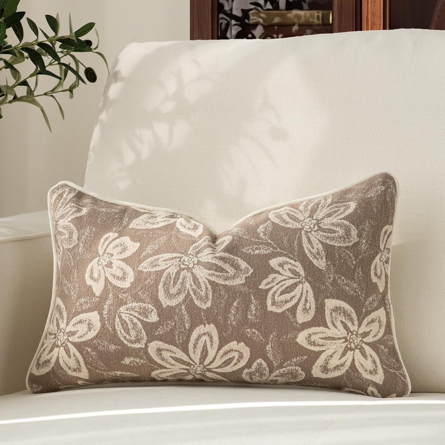 MATTINS 12×20 Vintage Floral Patterned Lumbar Pillow Cover, Khaki, 1PC