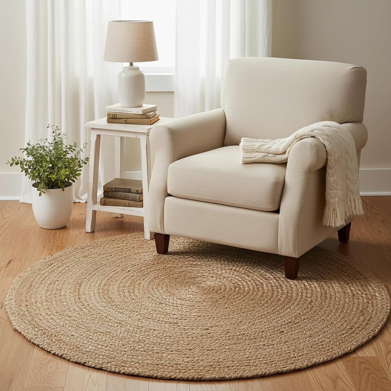 FRELISH DECOR Handwoven Jute Area Rug – 5 feet Round – Natural Yarn – Rustic Vintage Beige Braided Reversible Rug – Eco Friendly Rugs for Bedroom – Kitchen – Living Room – Farmhouse (5′ Round)
