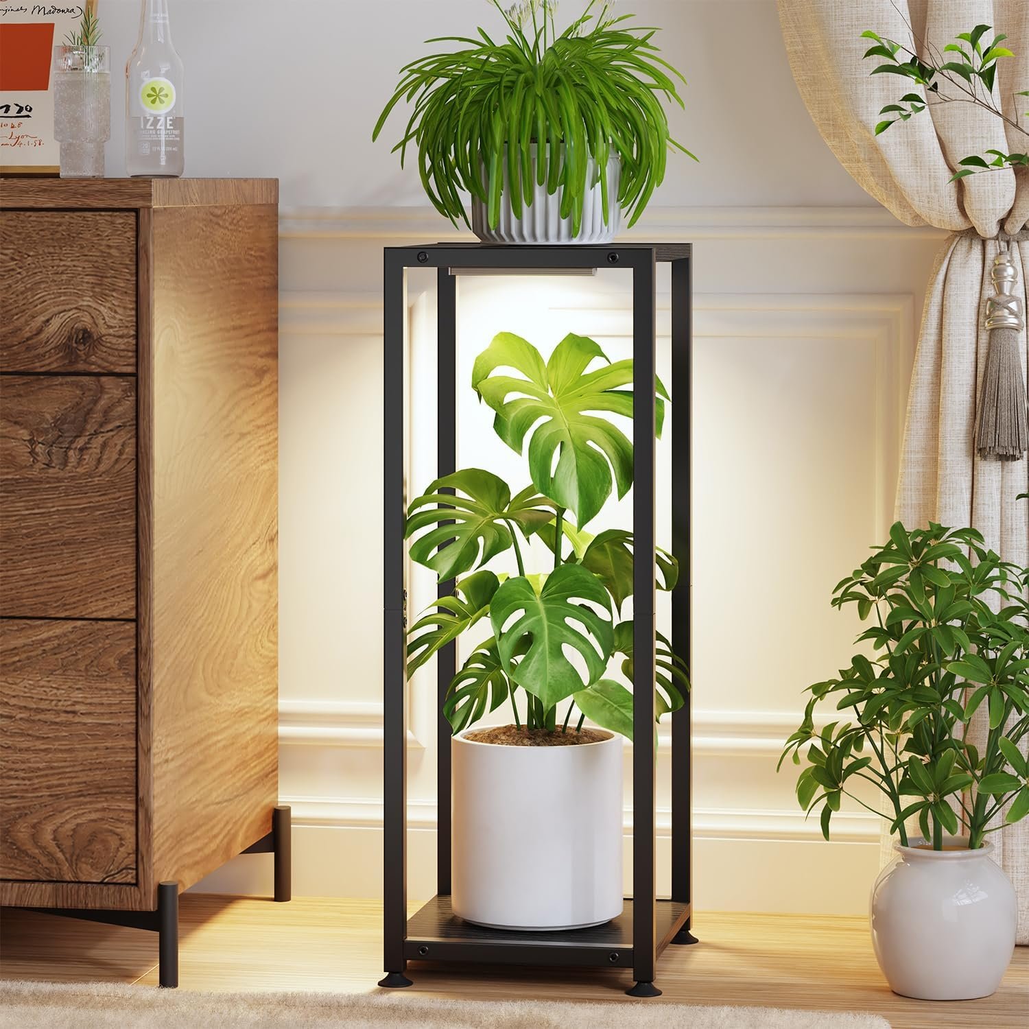 LASZOLA 2 Tier Plant Stand Tall for Indoor with Light, 30 Inch Wood Black