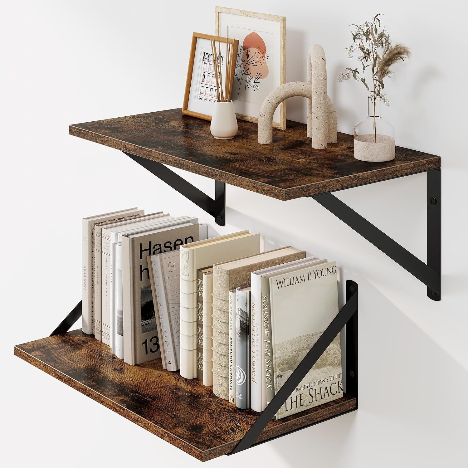 Heimlove Deep Floating Shelves for Wall, 16W x 8D Wood Wall Shelves Set of 2, Wide Floating Bookshelf for Living Room, Kitchen, Office, Bedroom and Decor Storage, with Metal Bracket – Rustic Brown