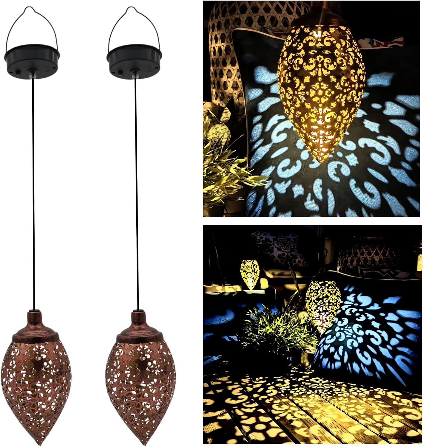 Solar Garden Lights – Set of 2 Moroccan Style Hanging Solar Lights Outdoor Garden, Garden Party Decorations, Rechargeable Lantern, Hurricane Lamps, Garden Lanterns for Outside
