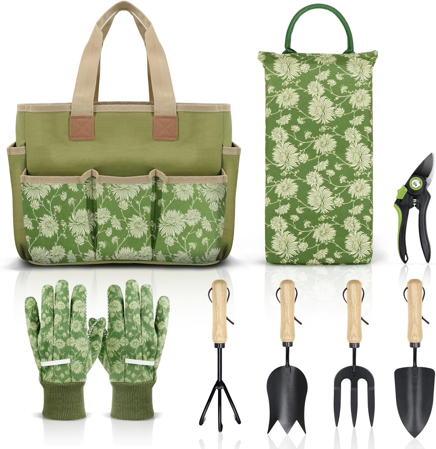 Colwelt Garden Tools Set, 8 Piece, Heavy Duty Gardening Tools with Wooden Handle, Including Garden Tote, Kneeling Pad, Gloves, Pruner, Trowel, Tulip Trowel, Cultivator – Gardening Gifts for Women Men