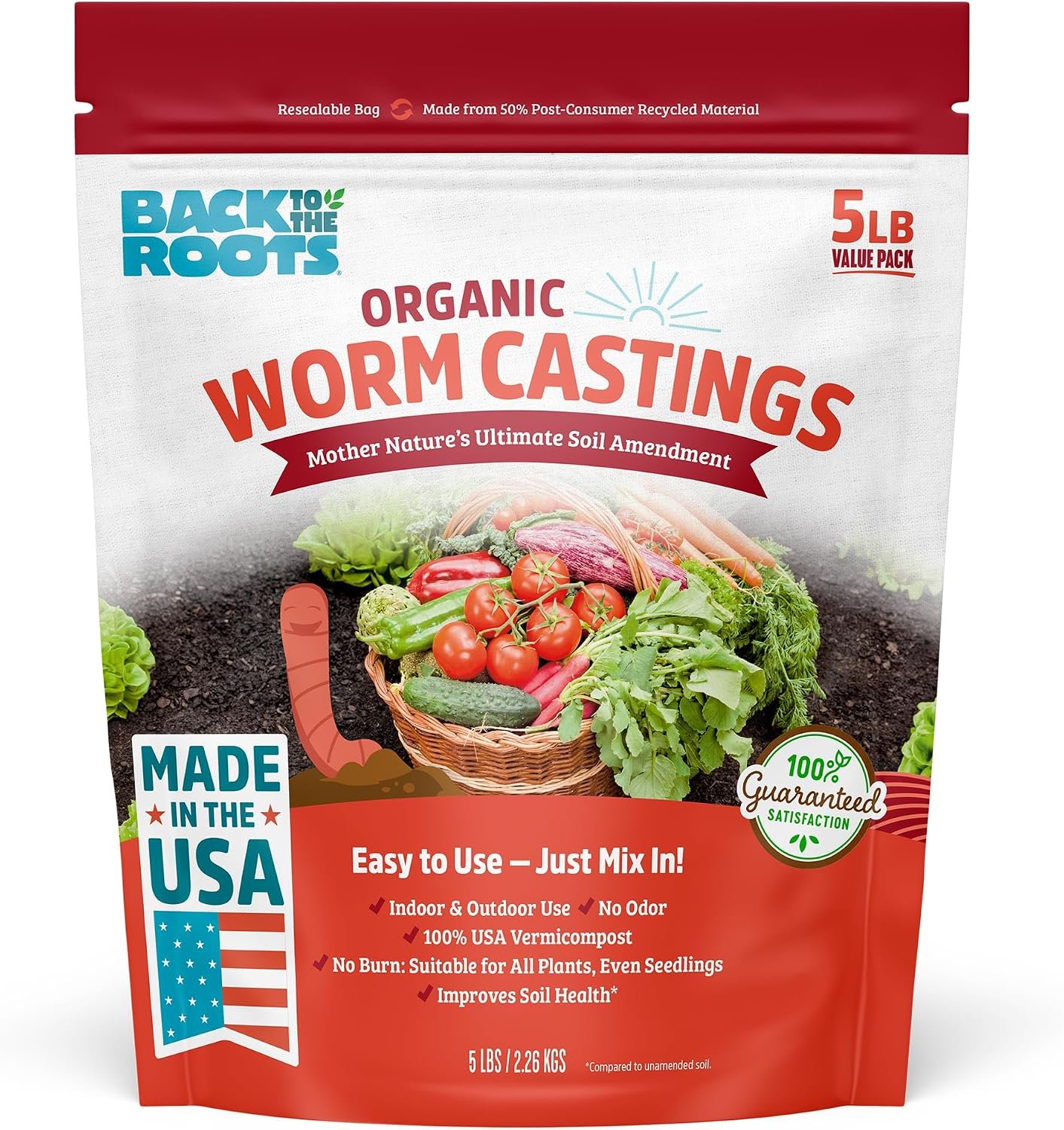 Back to the Roots Organic Worm Castings for Plants, Natural Fertilizer and Soil Enhancer for Gardening, Made in the USA, 5lb