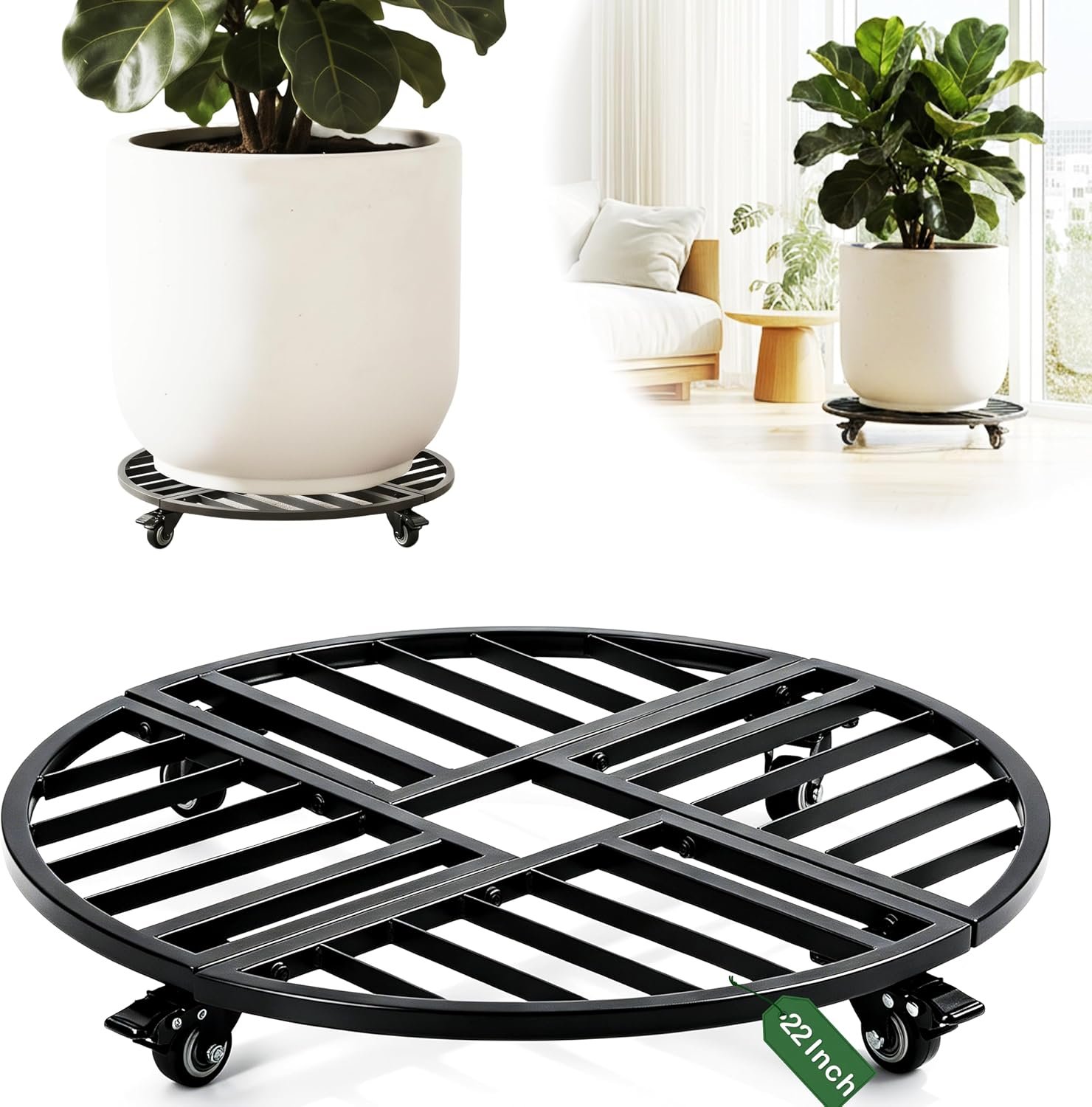 22″ Round Metal Plant Caddy with Wheels Heavy Duty, 600lbs Capacity Rust-Proof Plant Stand with Lockable Caster Wheels, Rolling Plant Dolly for Large Planter Pots & Heavy Objects, Indoor Outdoor