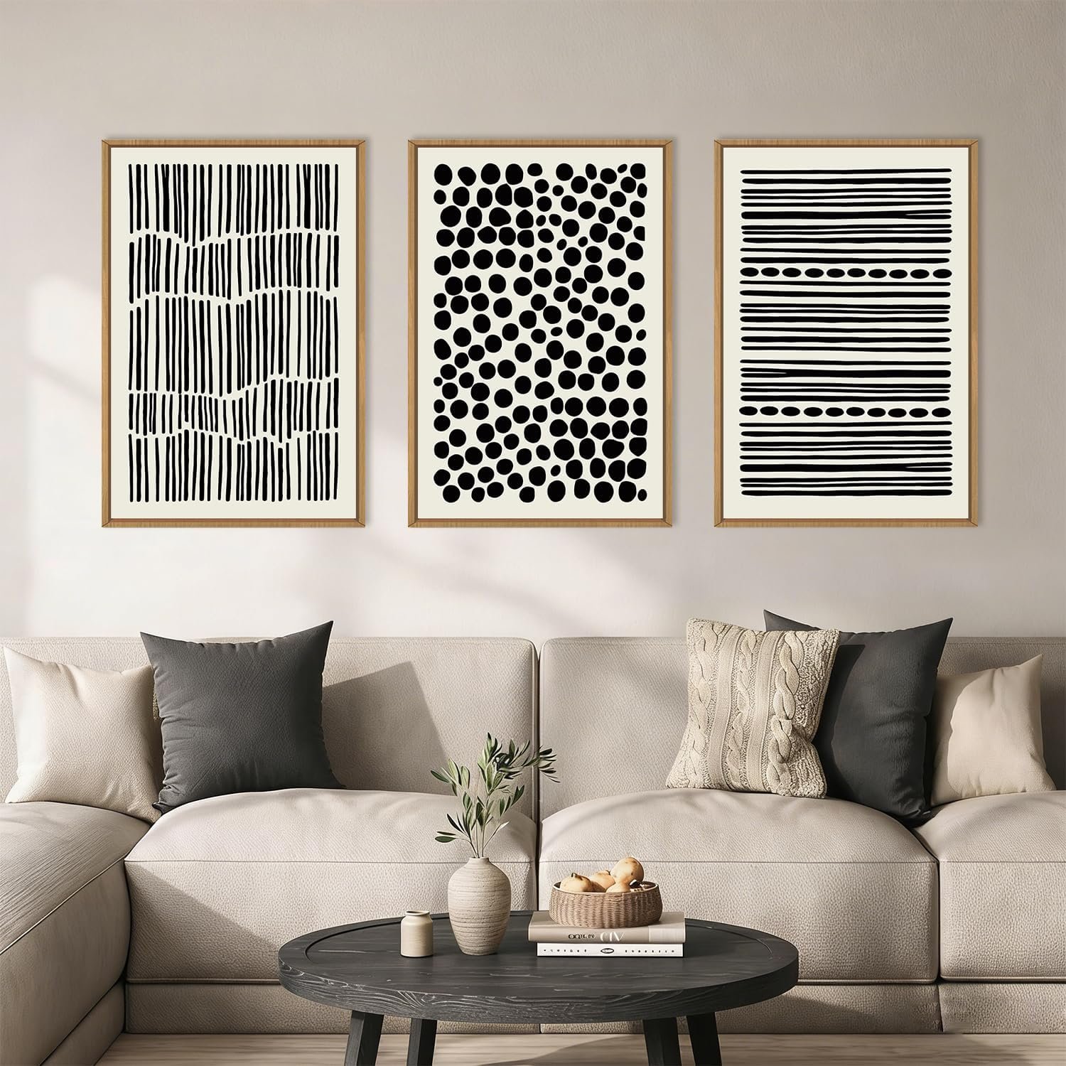 KAIRNE Abstract Black and White Framed Canvas Wall Art Set, Modern Geometric Wall Decor, Minimalist Line Art Prints, Neutral Boho Dots Artwork for Living Room, Bedroom, Farmhouse, Office -16″x24″x3