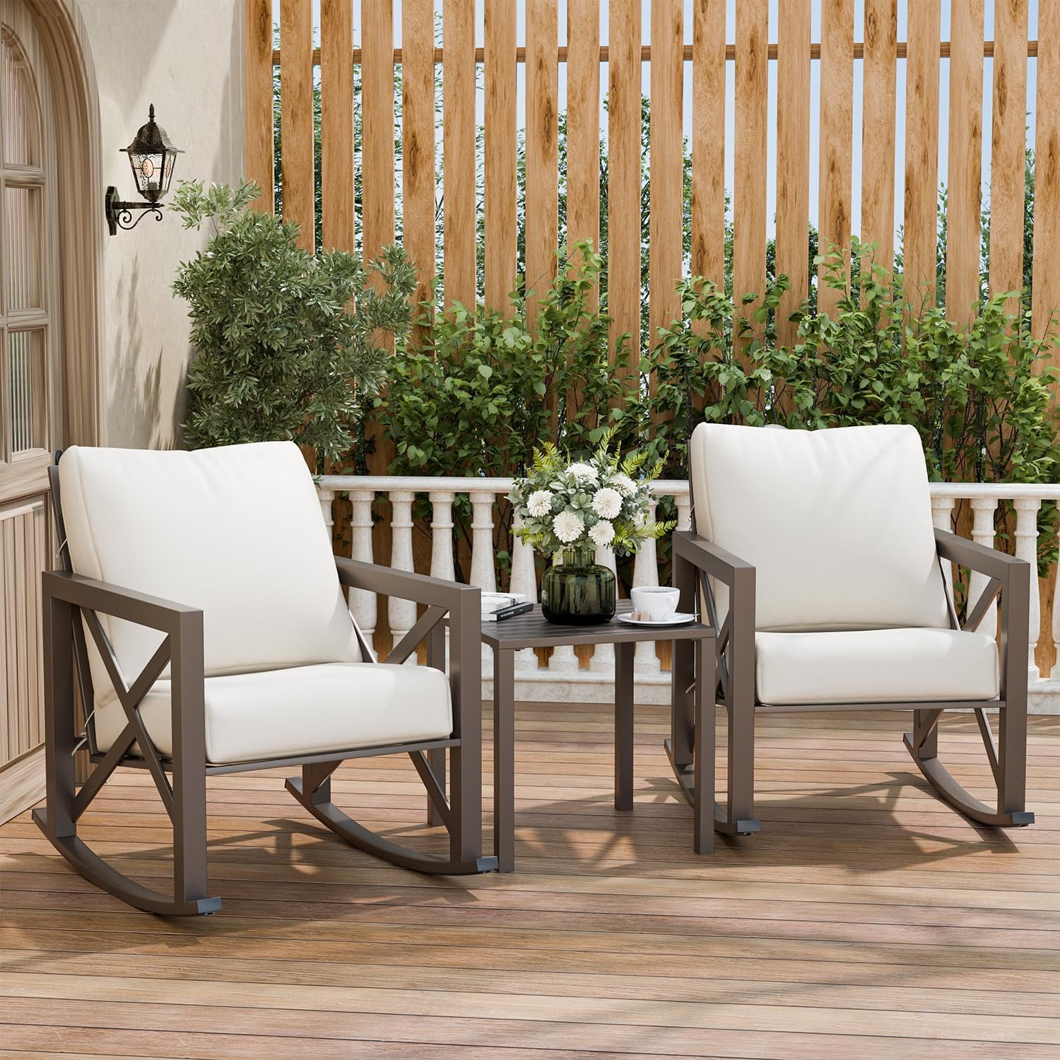Outdoor Rocking Bistro Set, Patio Chairs Set of 2 with Coffee Table, Beige
