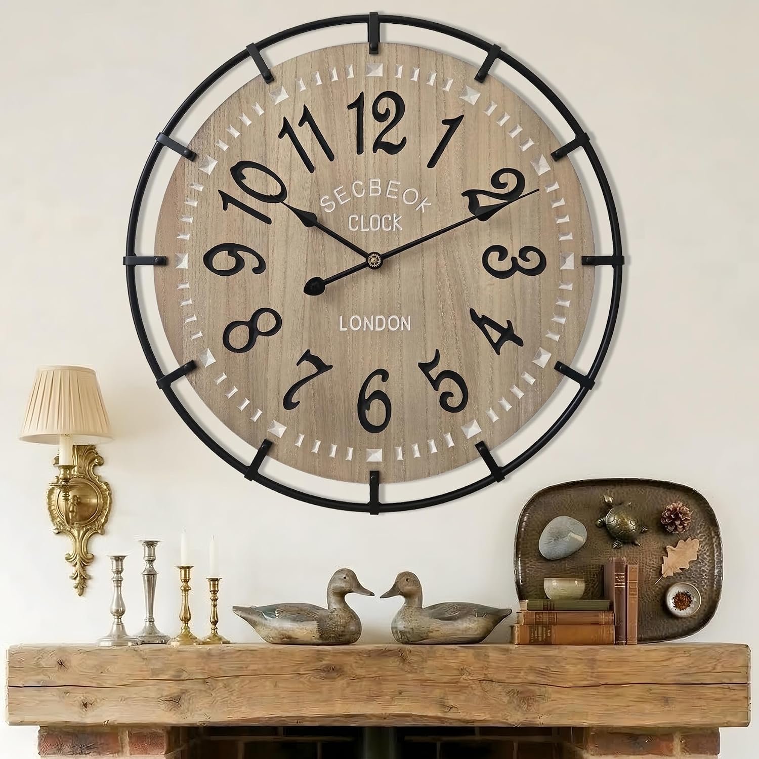 30 Inch Oversized Farmhouse Wall Clock, Metal Rustic Wood with Silent Quartz Movement, Easy Read Arabic Numerals, Battery Powered Decorative Wall Clock for Living Room Bedroom Kitchen Office