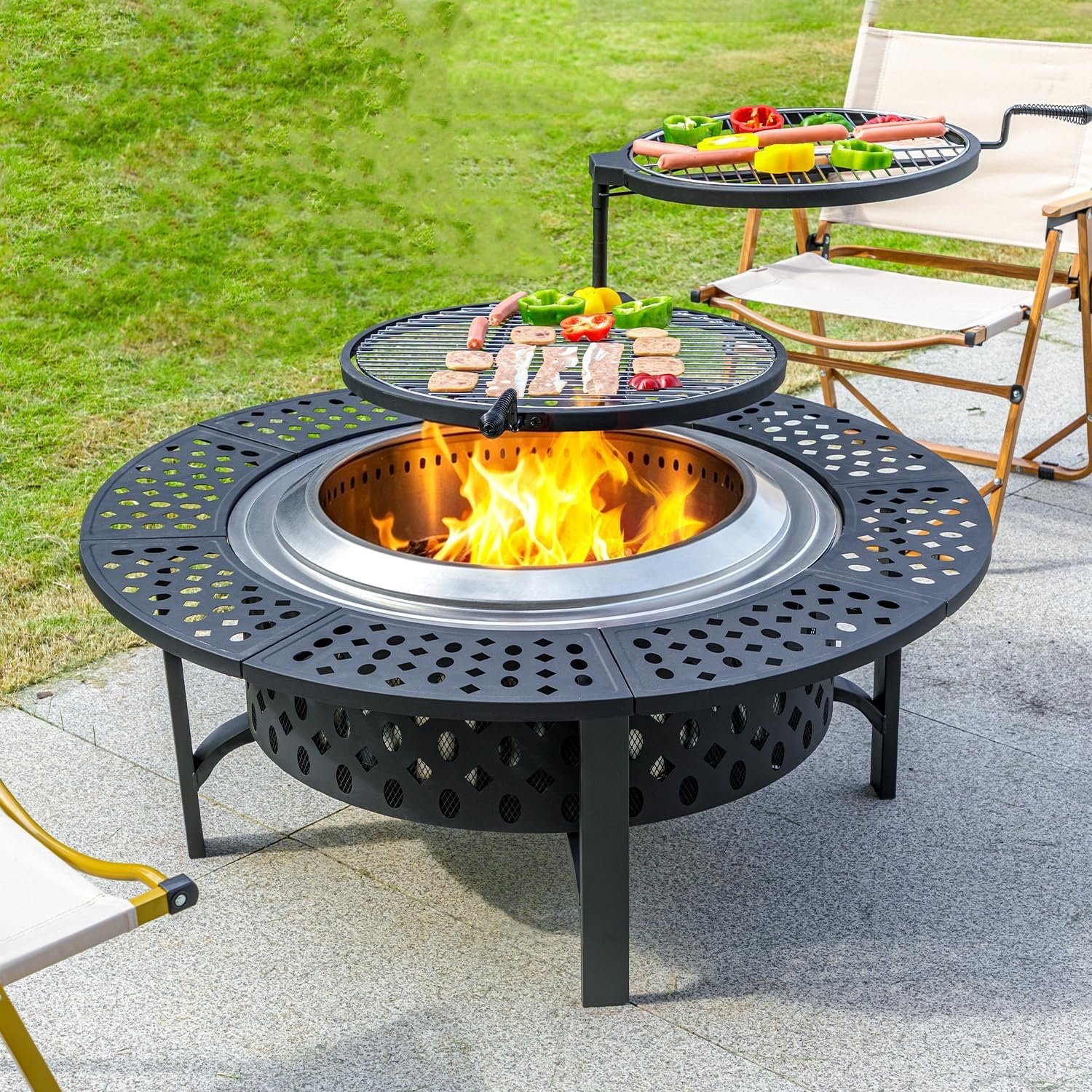 OutVue 42 Inch Smokeless Fire Pit with 2 Grills, Large Firepits for Outside