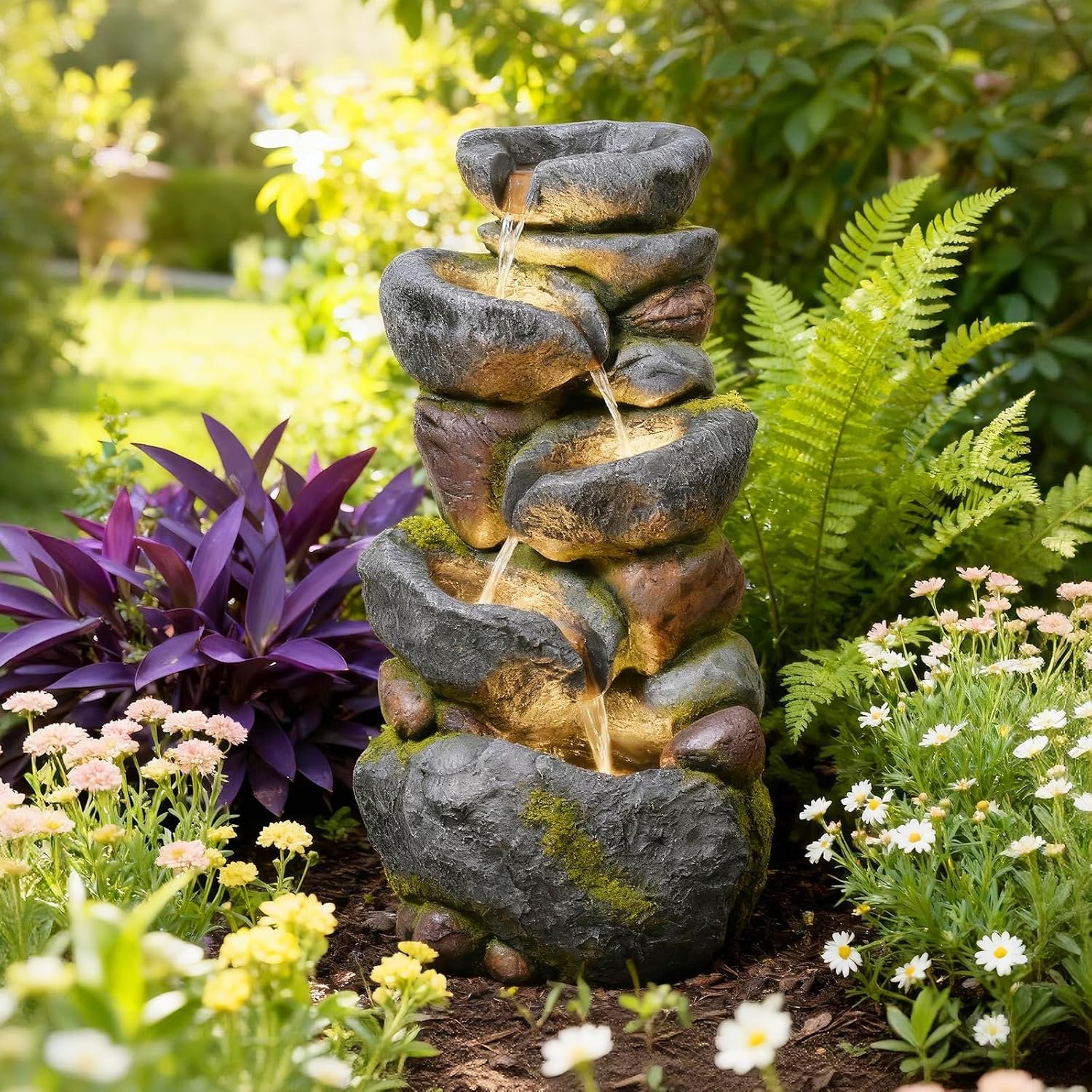 36.2″ H Outdoor Water Fountain with LED Lights – 5 Tier Cascading Rock Outdoor Fountains and Waterfalls for Garden or Patio, Yard, and Deck Decor, Featuring Natural Stone Look