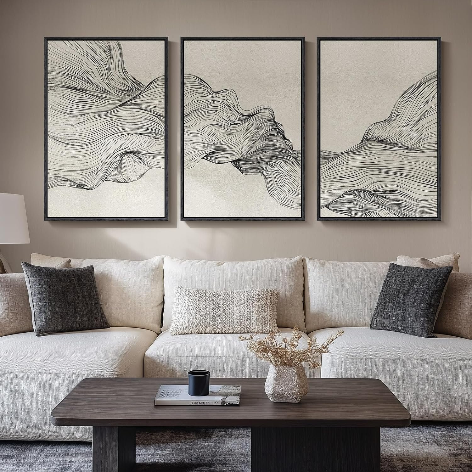 Framed Black and Beige Neutral Abstract Wall Art for Living Room, 3 Piece