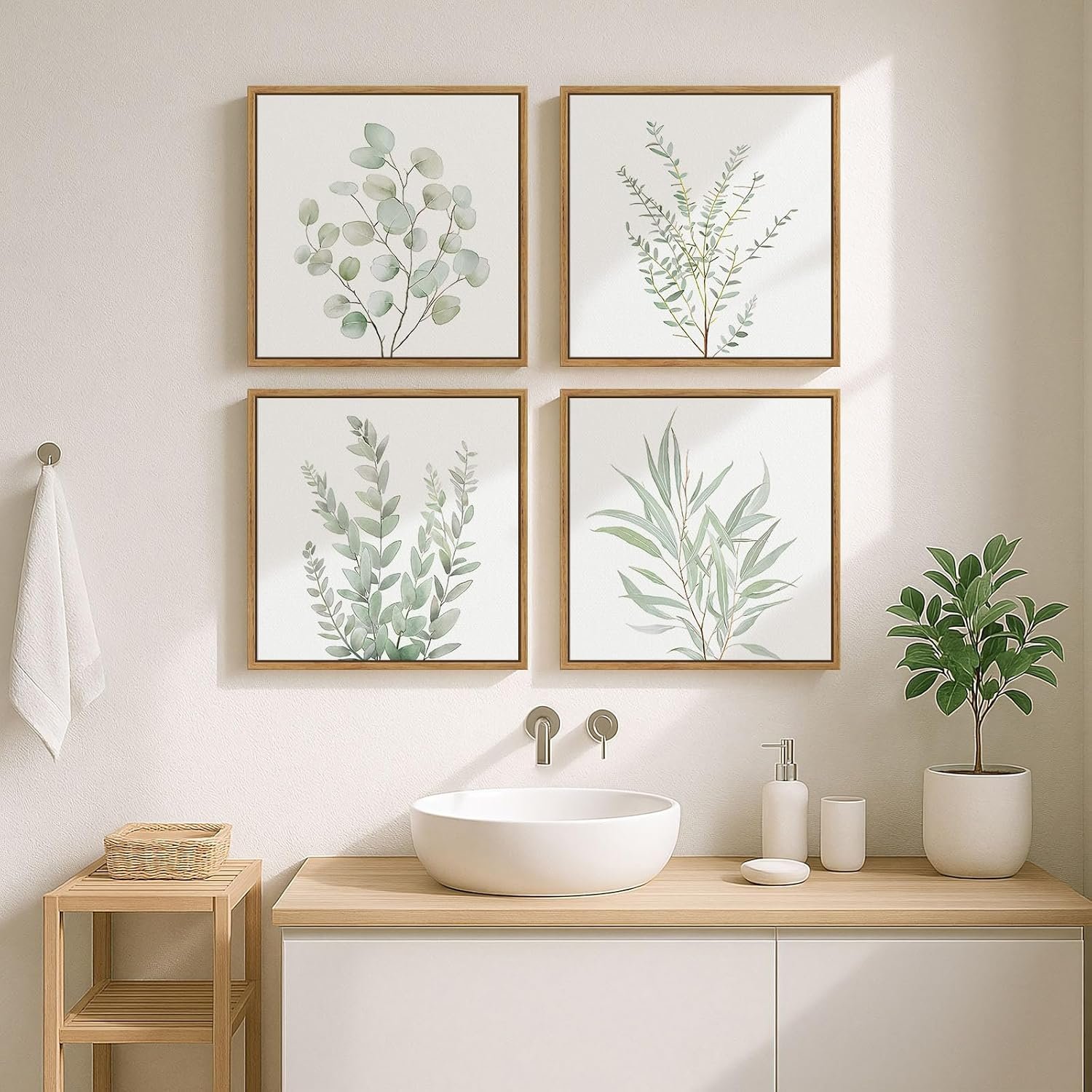 Framed Botanical Boho Sage Green Minimalist Wall Art for Bathroom, 12×12 In