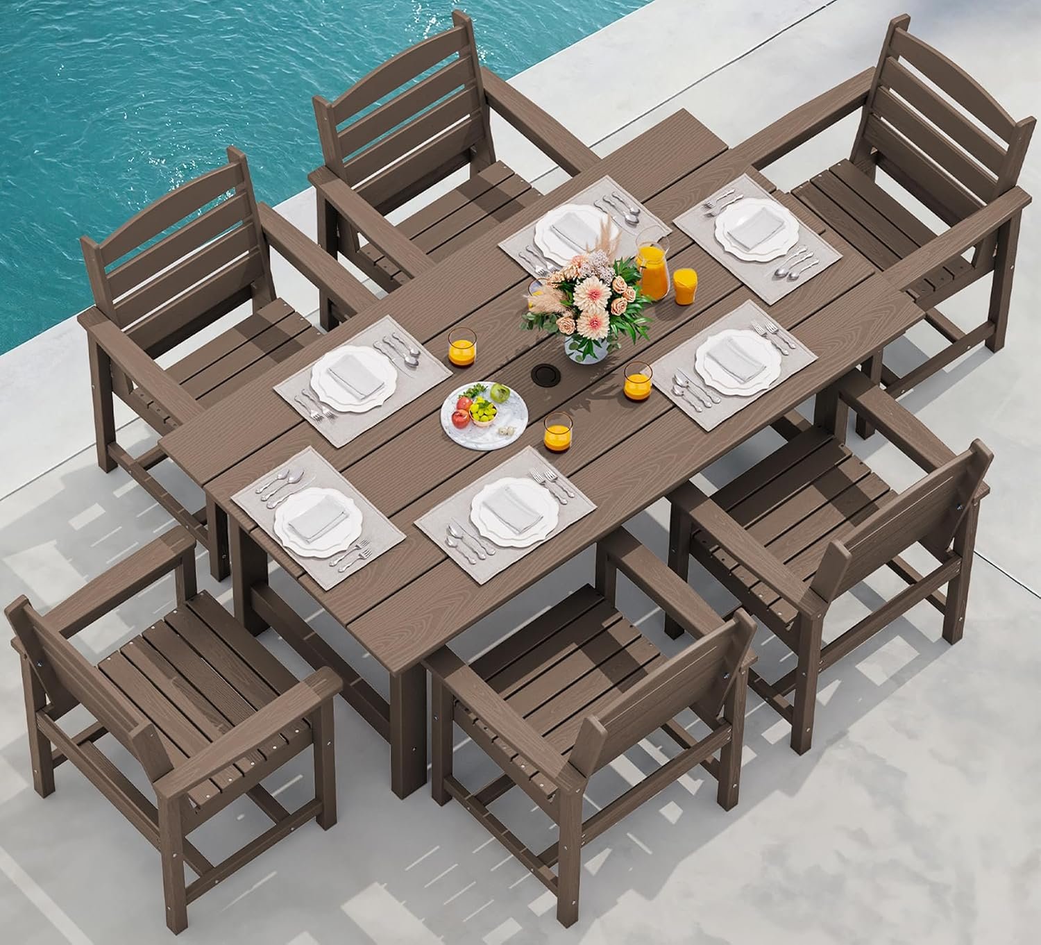SERWALL 7 Pcs Outdoor Dining Set, 67″ HDPE Dining Set for 6, Coffee