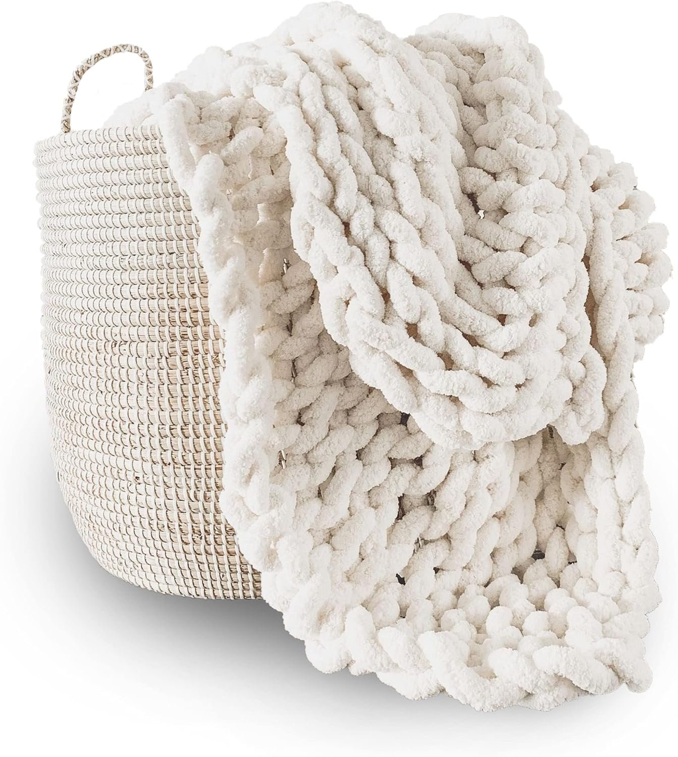 Adyrescia Chunky Knit Blanket Throw | 100% Hand Knit with Jumbo Chenille Yarn (50″x60″, Cream White)