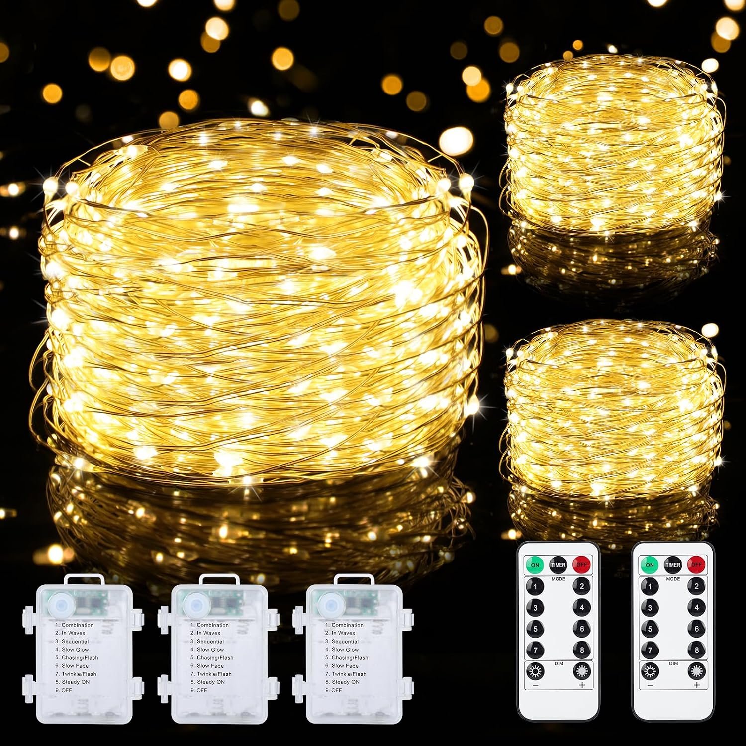 Mlambert 3 Pack 99FT Battery Operated Fairy Lights with Remotes, Warm White
