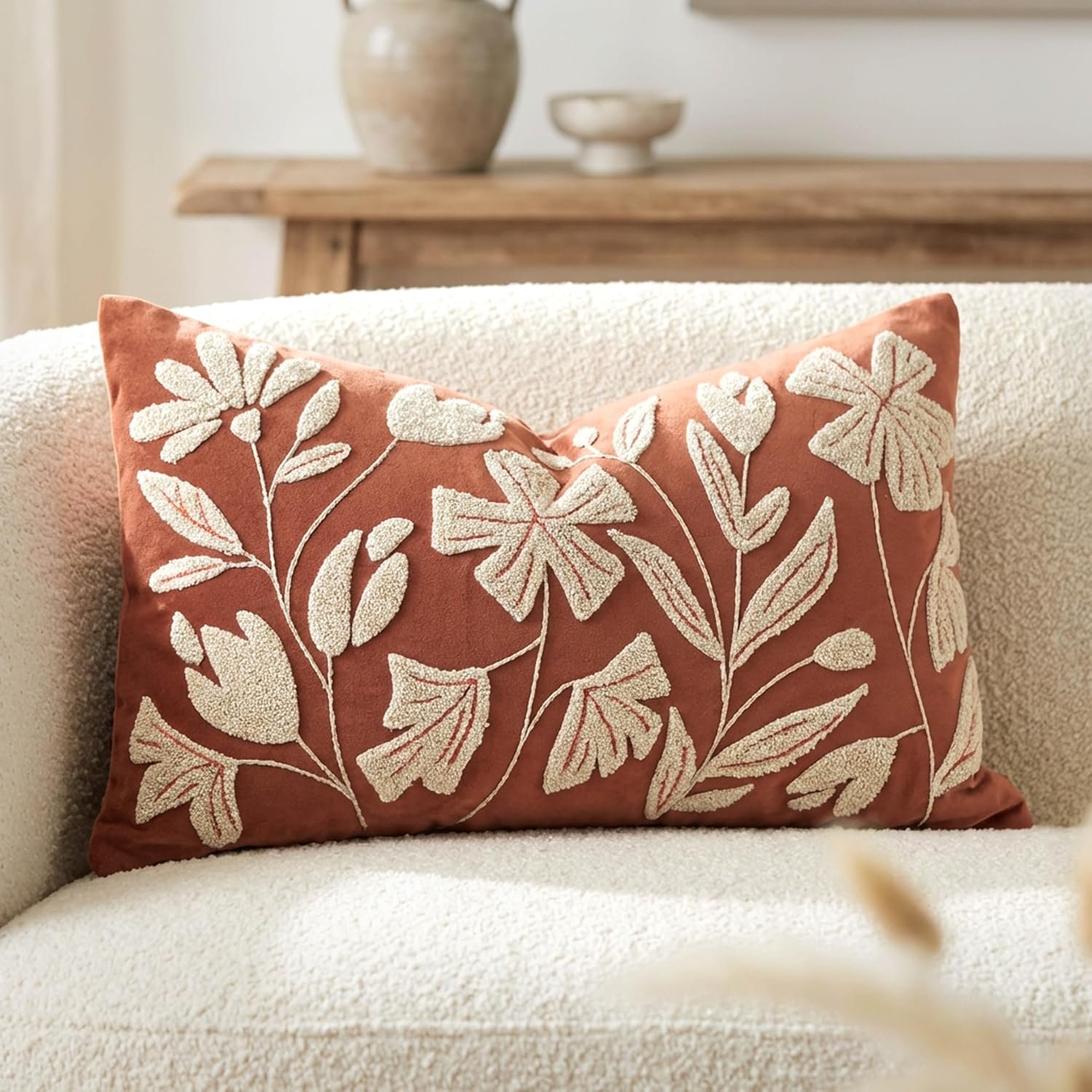 BlissBlush Lumbar Pillow Cover 12×20 Inch, Rust Terracotta Floral Tufted Velvet Decorative Accent Pillow Case for Sofa Bed Living Room, Cover Only