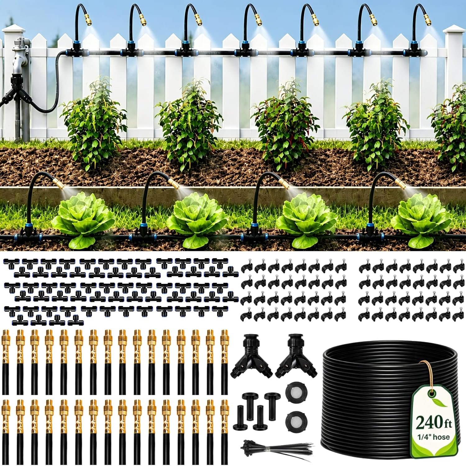 Bonviee 240FT Drip Irrigation System with Adjustable Nozzles