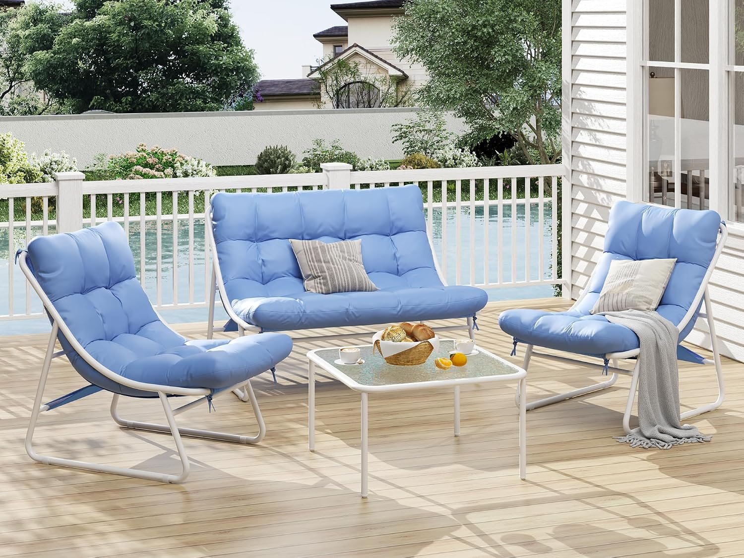 Jocoevol Patio Furniture Set, 4-Piece Outdoor Patio Conversation Set, 2-in-1 Metal Patio Sofa Sets with Cushions & Glass Coffee Tablefor Backyard, Garden, Porch, Poolside, White & Blue