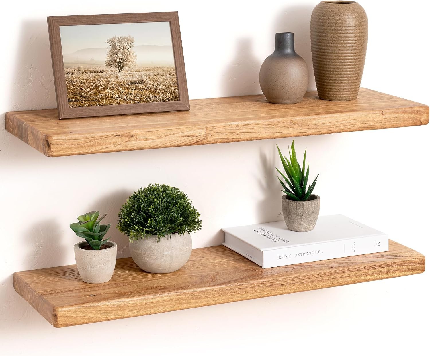 24″ Rustic Elm Wood Floating Shelves, 8 Inch Deep Wall Shelves for Home Decor, Wall Mounted Floating Shelf with Invisible Bracket, Heavy-Duty Storage & Display Shelf for Living Room, Kitchen, Set of 2