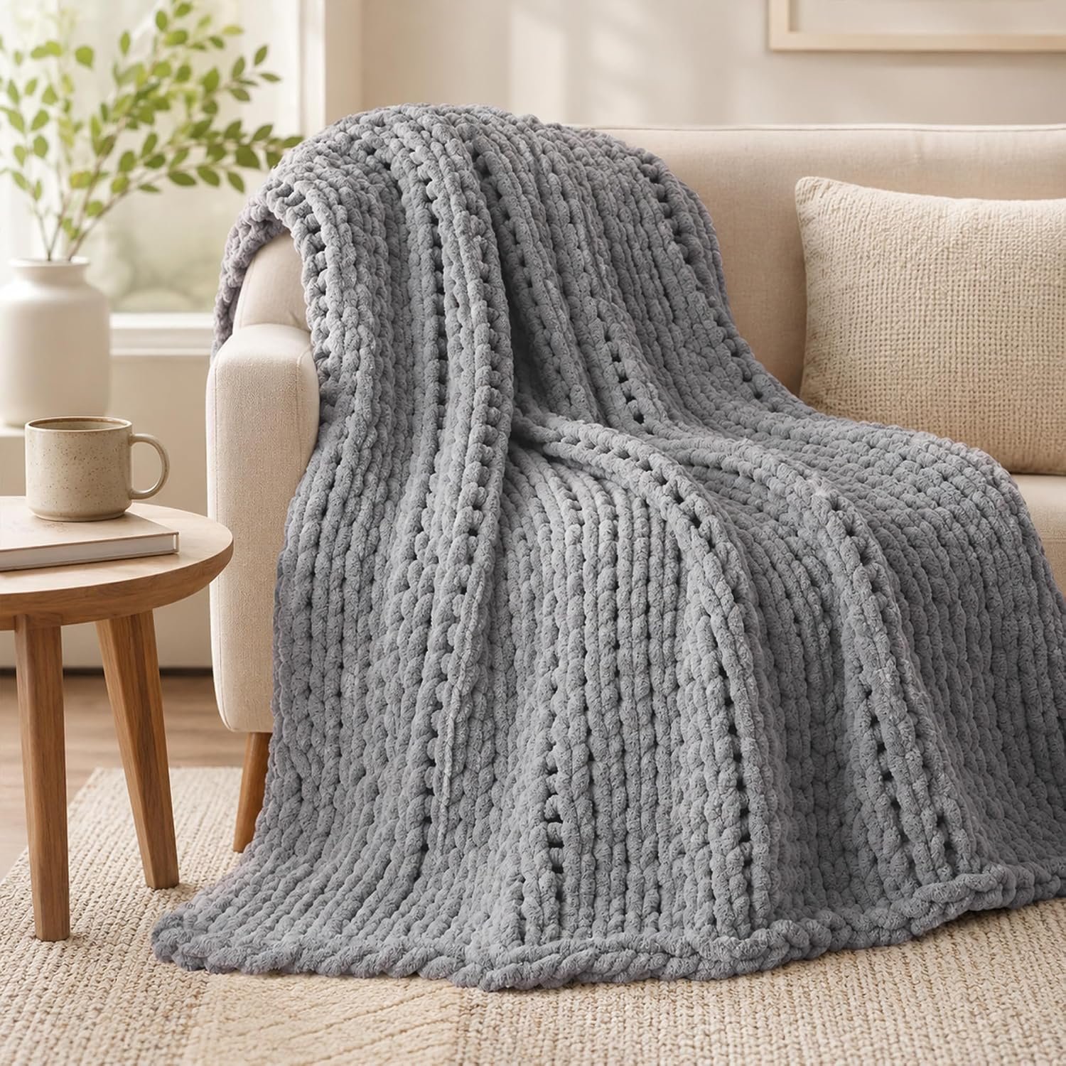 Chunky Knit Throw Blanket for Couch, Light Grey Throw Blanket 50″x60″