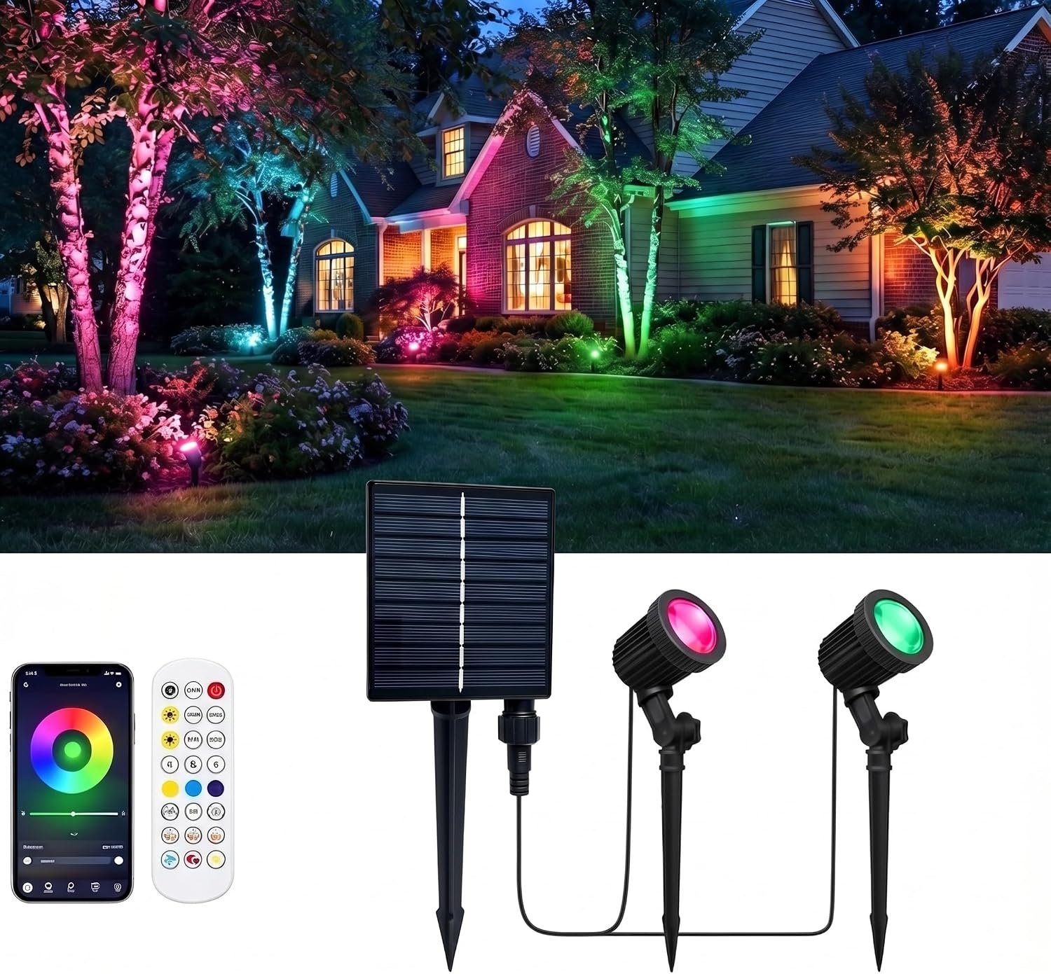 Smart Landscape Spotlights,Solar Low Voltage IP67 Waterproof Outdoor Spot Lights Compatible with APP/Remote Control Color Changing Lights for Yard Garden Pathway Lawn Tree Festival 2pack