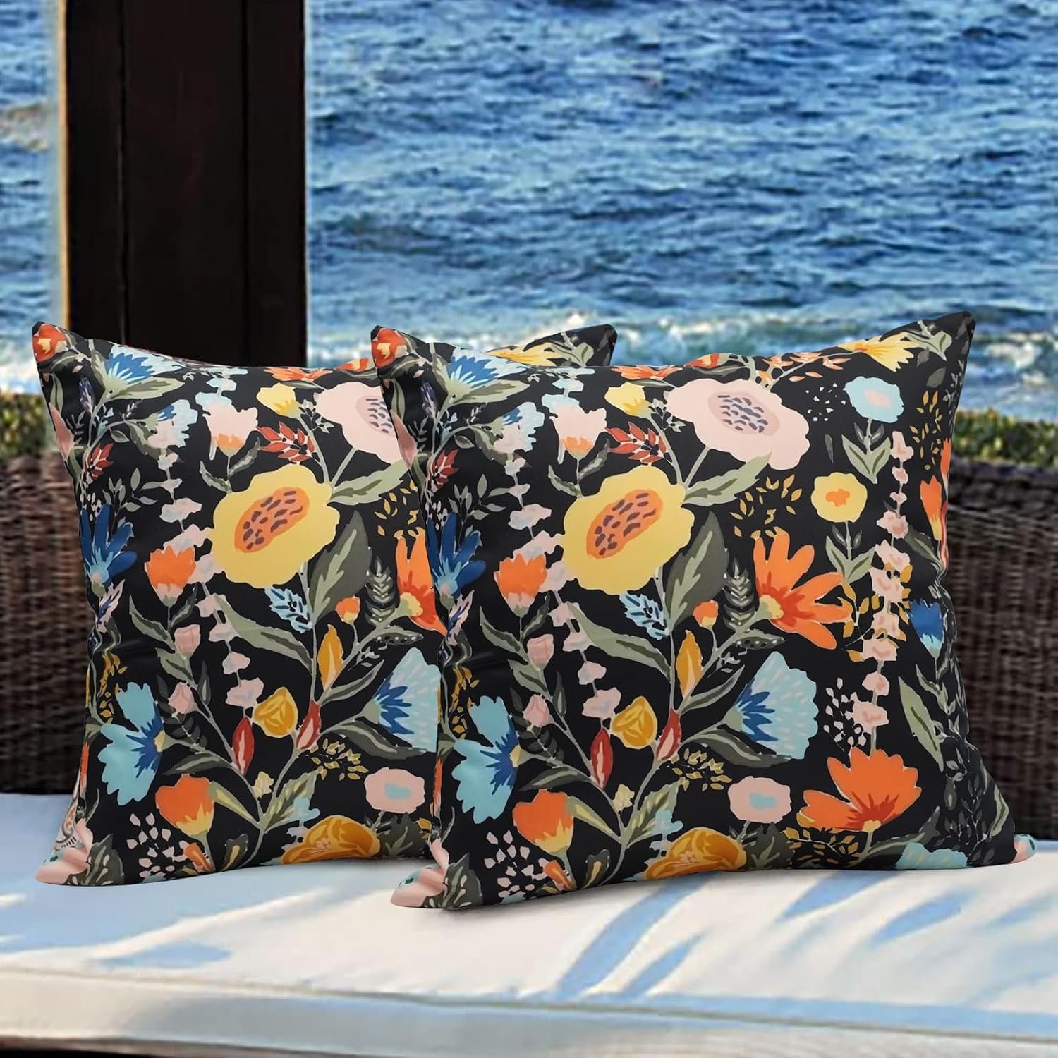 Floral Outdoor Throw Pillow Covers 18×18 Waterproof Colorful Summer Spring Garden Decorative Square Patio Pillows Outdoor Pillows Covers for Patio Furniture Set of 2 (No Pillow Insert)