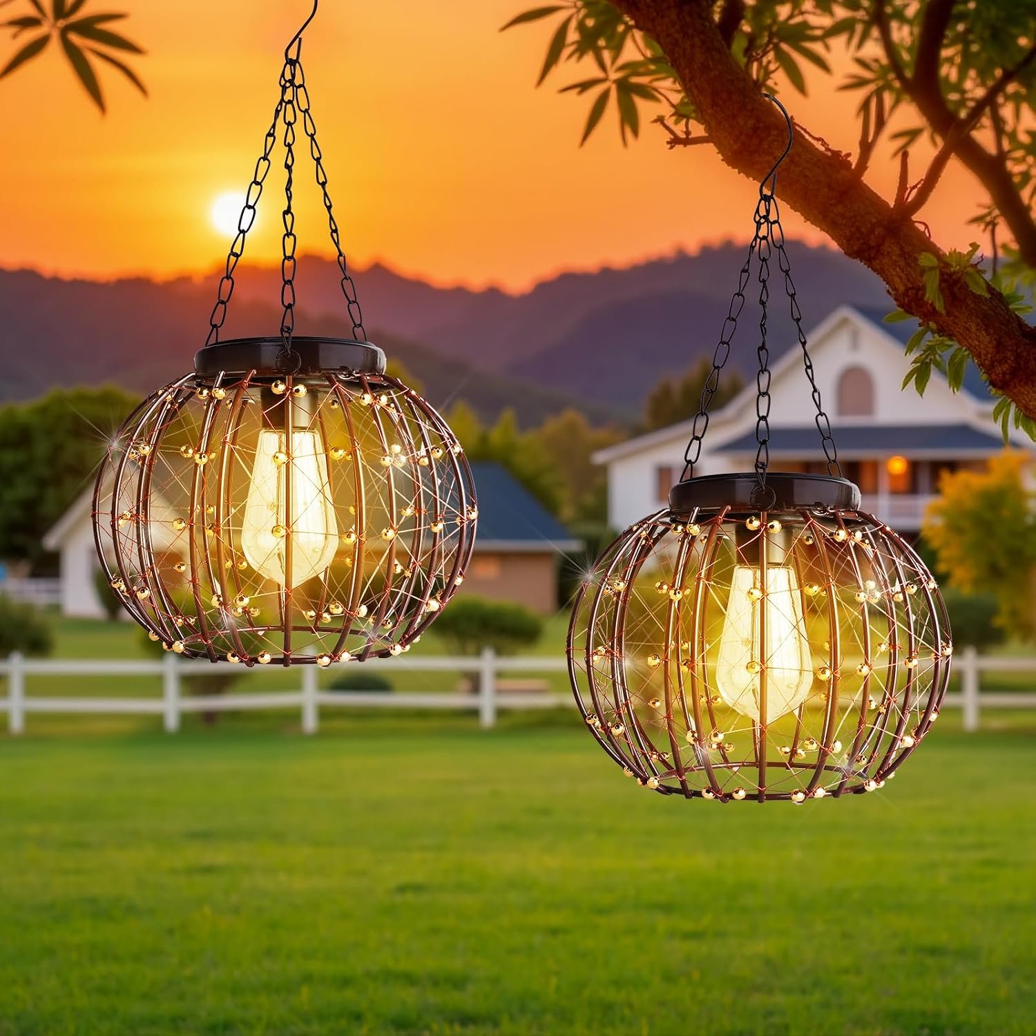 Hanging Solar Lanterns Outdoor Waterproof, Vintage Copper Hanging Lights, Solar Chandelier for Yard Garden Gazebo Pergola Porch Decor, 2 Pack